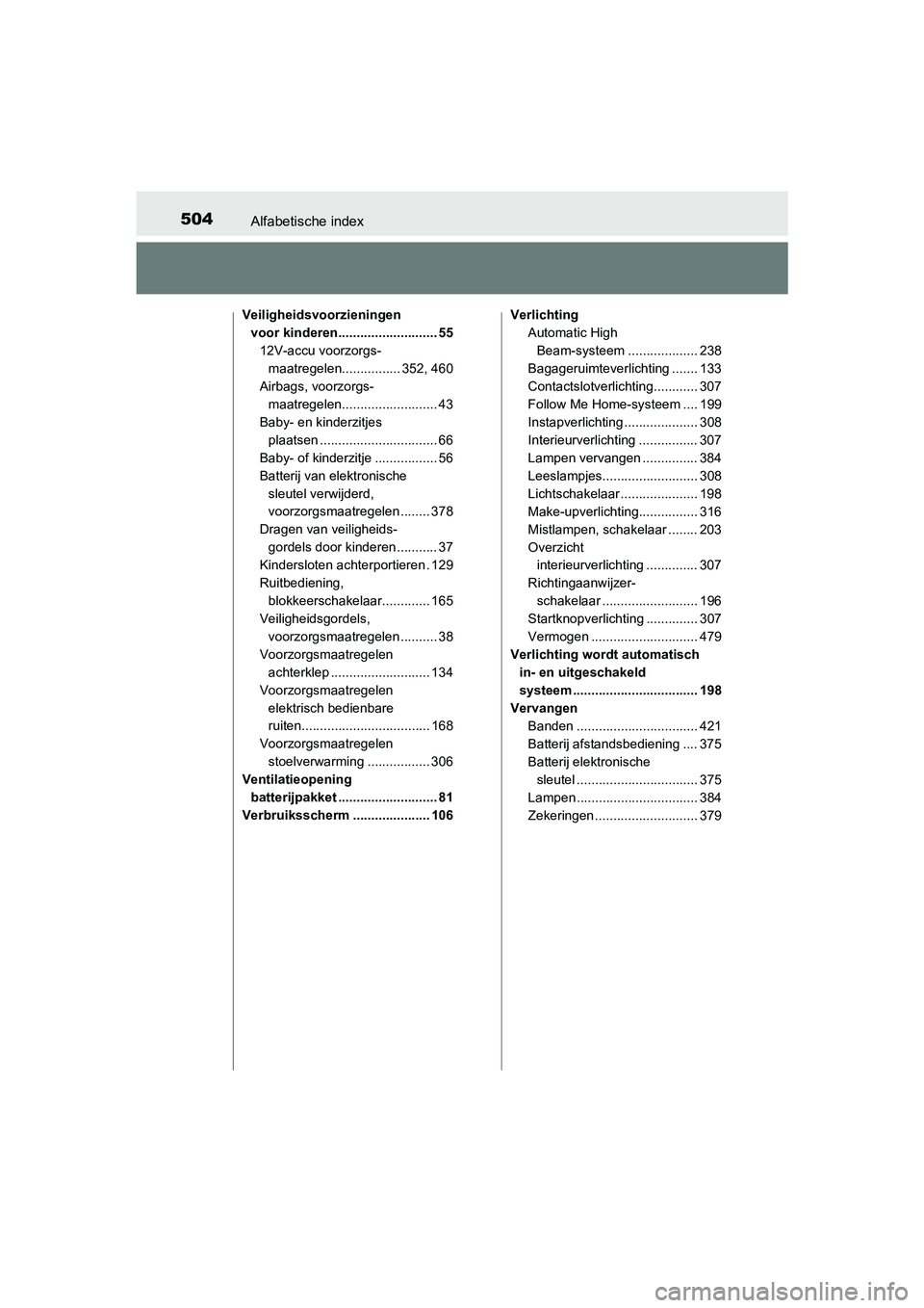 TOYOTA YARIS HYBRID 2017 Instructieboekje (in Dutch) 504Alfabetische index
YARIS_HV_OM_Europe_OM52J30E
Veiligheidsvoorzieningen voor kinderen........................... 55
12V-accu voorzorgs-maatregelen................ 352, 460
Airbags, voorzorgs-
maatr TOYOTA YARIS HYBRID 2017 Instructieboekje (in Dutch) 504Alfabetische index
YARIS_HV_OM_Europe_OM52J30E
Veiligheidsvoorzieningen voor kinderen........................... 55
12V-accu voorzorgs-maatregelen................ 352, 460
Airbags, voorzorgs-
maatr