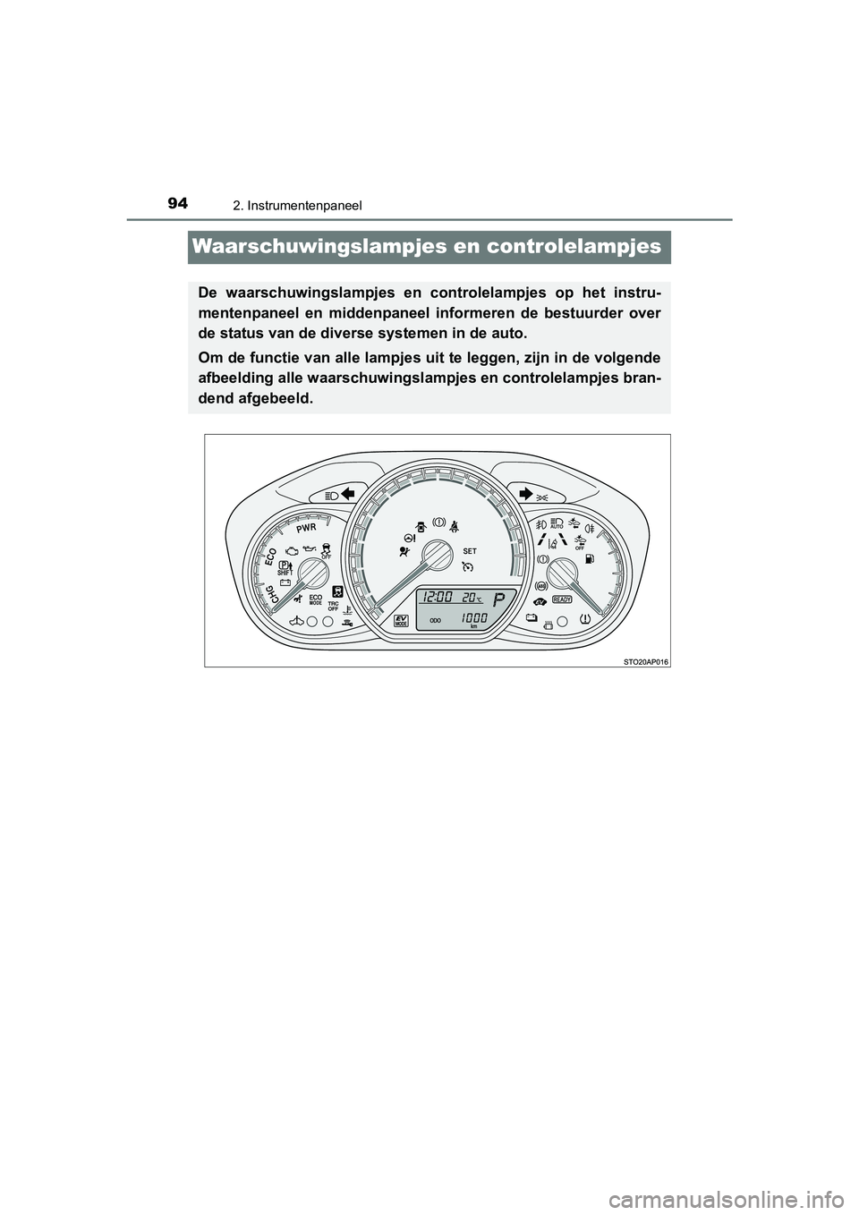 TOYOTA YARIS HYBRID 2017  Instructieboekje (in Dutch) 942. Instrumentenpaneel
YARIS_HV_OM_Europe_OM52J30E
Waarschuwingslampjes en controlelampjes
De  waarschuwingslampjes  en  controlelampjes  op  het  instru-
mentenpaneel  en  middenpaneel  informeren  