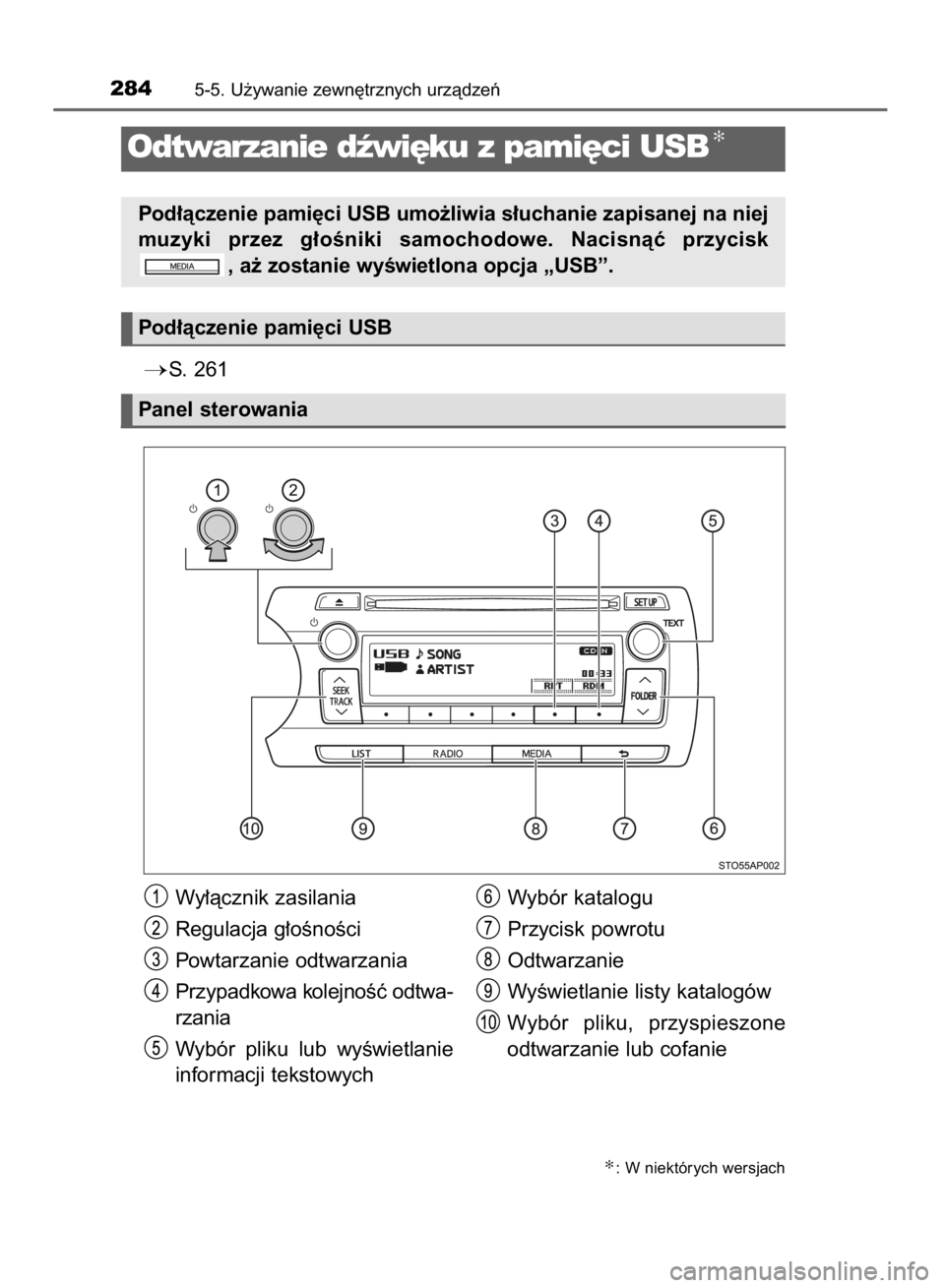TOYOTA YARIS HYBRID 2017  Instrukcja obsługi (in Polish) S. 261
2845-5. U˝ywanie zewn´trznych urzàdzeƒ
Odtwarzanie dêwi´ku z pami´ci USB✻
Pod∏àczenie pami´ci USB umo˝liwia s∏uchanie zapisanej na niej
muzyki  przez  g∏oÊniki  samochodowe.