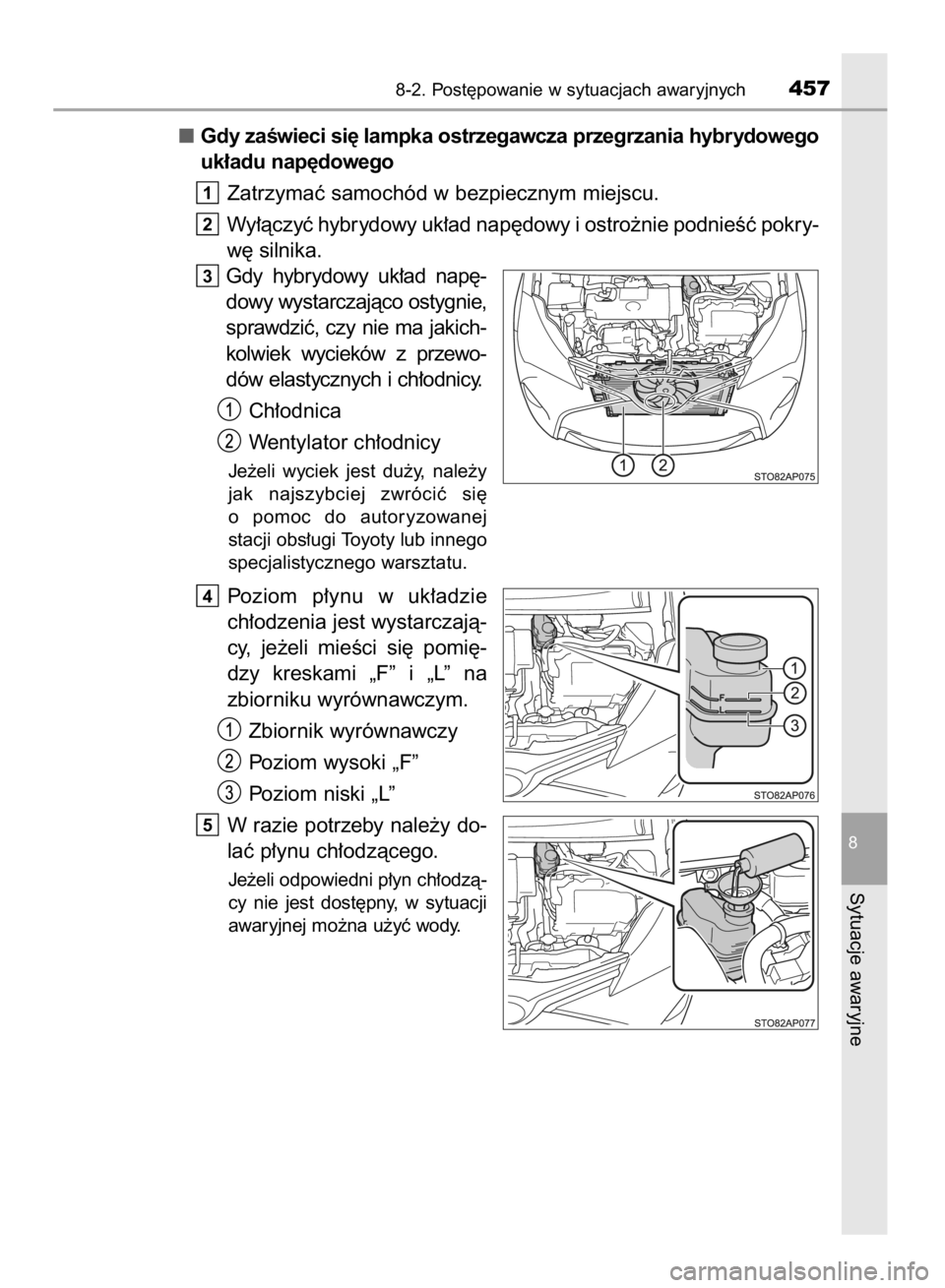 TOYOTA YARIS HYBRID 2017  Instrukcja obsługi (in Polish) Gdy zaÊwieci si´ lampka ostrzegawcza przegrzania hybrydowego
uk∏adu nap´dowego
Zatrzymaç samochód w bezpiecznym miejscu.
Wy∏àczyç hybrydowy uk∏ad nap´dowy i ostro˝nie podnieÊç pokry-
