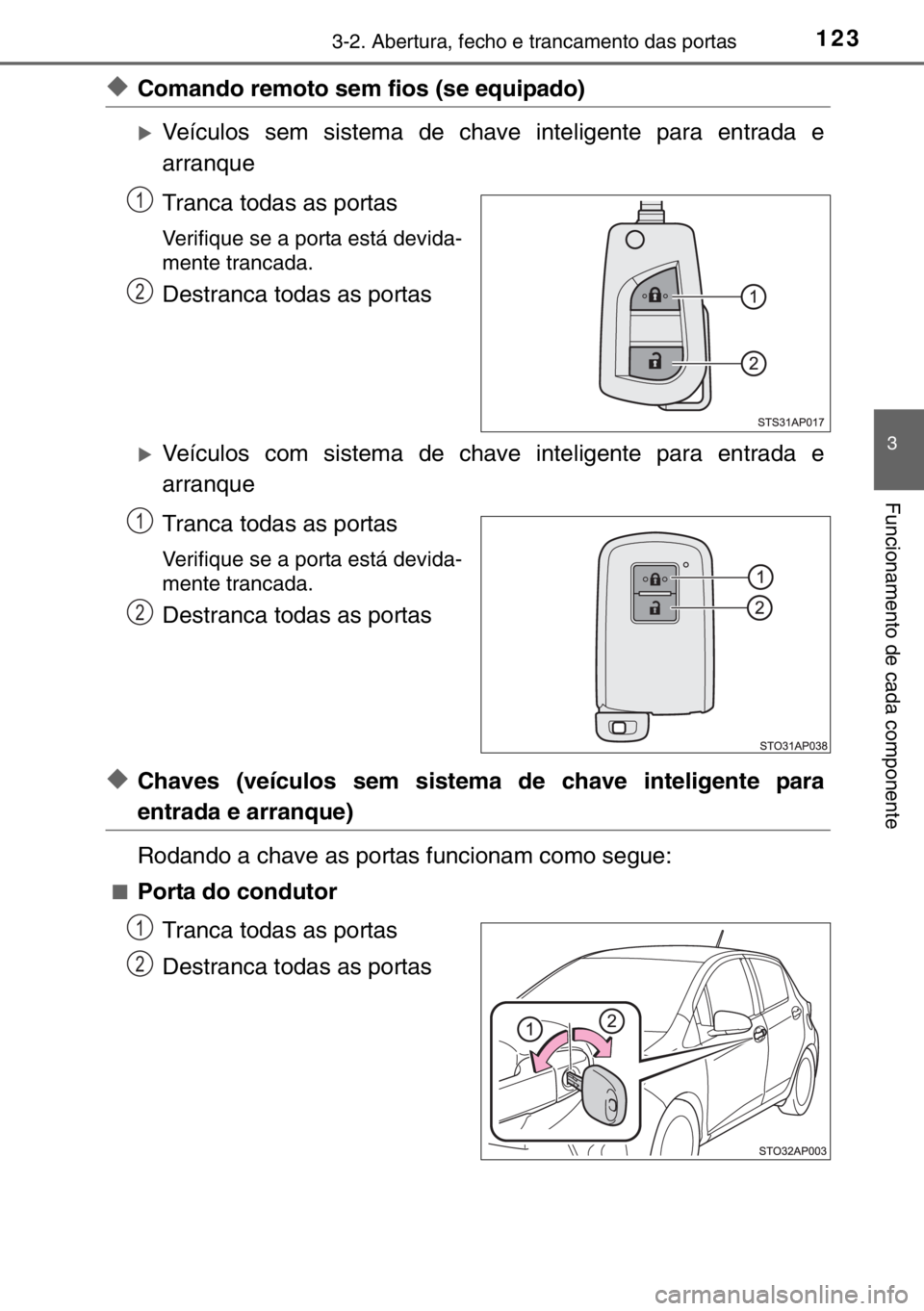 TOYOTA YARIS HYBRID 2017  Manual de utilização (in Portuguese) 1233-2. Abertura, fecho e trancamento das portas
3
Funcionamento de cada componente
◆Comando remoto sem fios (se equipado)
�XVeículos sem sistema de chave inteligente para entrada e
arranque
Tranca