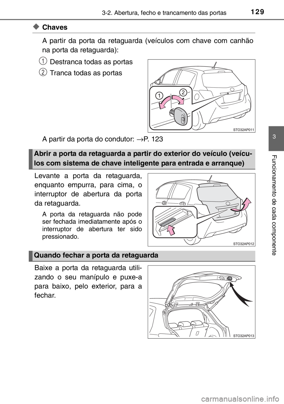 TOYOTA YARIS HYBRID 2017  Manual de utilização (in Portuguese) 1293-2. Abertura, fecho e trancamento das portas
3
Funcionamento de cada componente
◆Chaves
A partir da porta da retaguarda (veículos com chave com canhão
na porta da retaguarda):
Destranca todas 