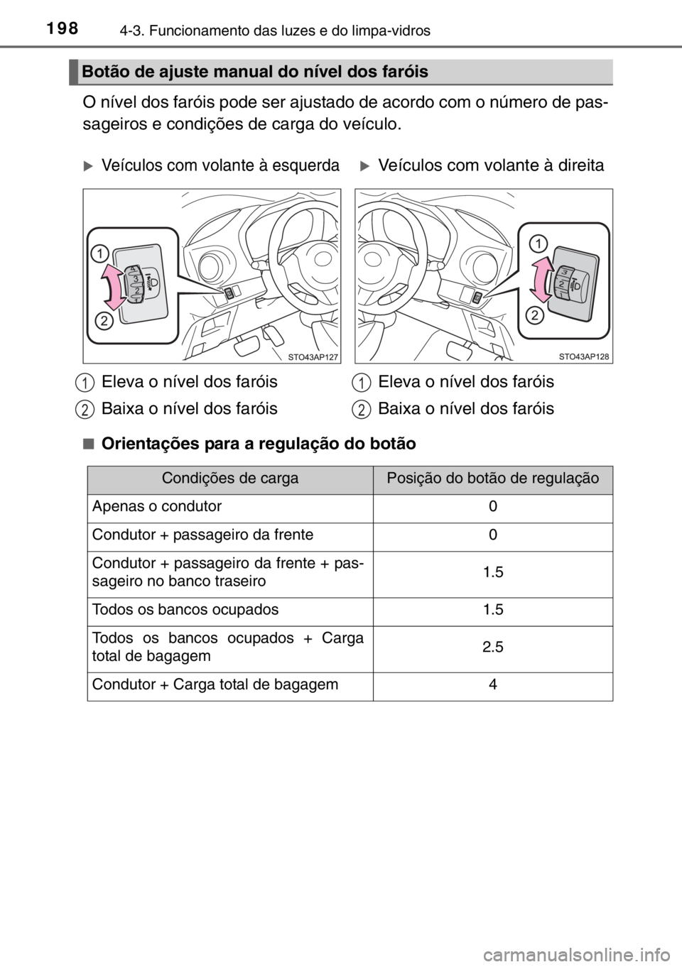 TOYOTA YARIS HYBRID 2017  Manual de utilização (in Portuguese) 1984-3. Funcionamento das luzes e do limpa-vidros
O nível dos faróis pode ser ajustado de acordo com o número de pas-
sageiros e condições de carga do veículo.
■Orientações para a regulaçã