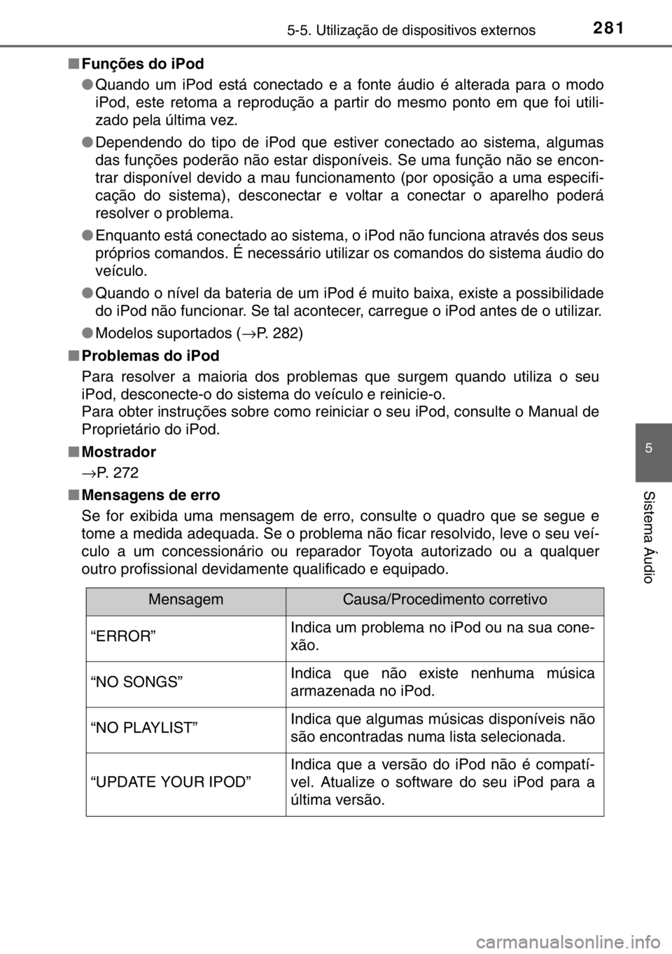 TOYOTA YARIS HYBRID 2017 Manual de utilização (in Portuguese) 2815-5. Utilização de dispositivos externos
5
Sistema Áudio
■Funções do iPod
●Quando um iPod está conectado e a fonte áudio é alterada para o modo
iPod, este retoma a reprodução a partir TOYOTA YARIS HYBRID 2017 Manual de utilização (in Portuguese) 2815-5. Utilização de dispositivos externos
5
Sistema Áudio
■Funções do iPod
●Quando um iPod está conectado e a fonte áudio é alterada para o modo
iPod, este retoma a reprodução a partir