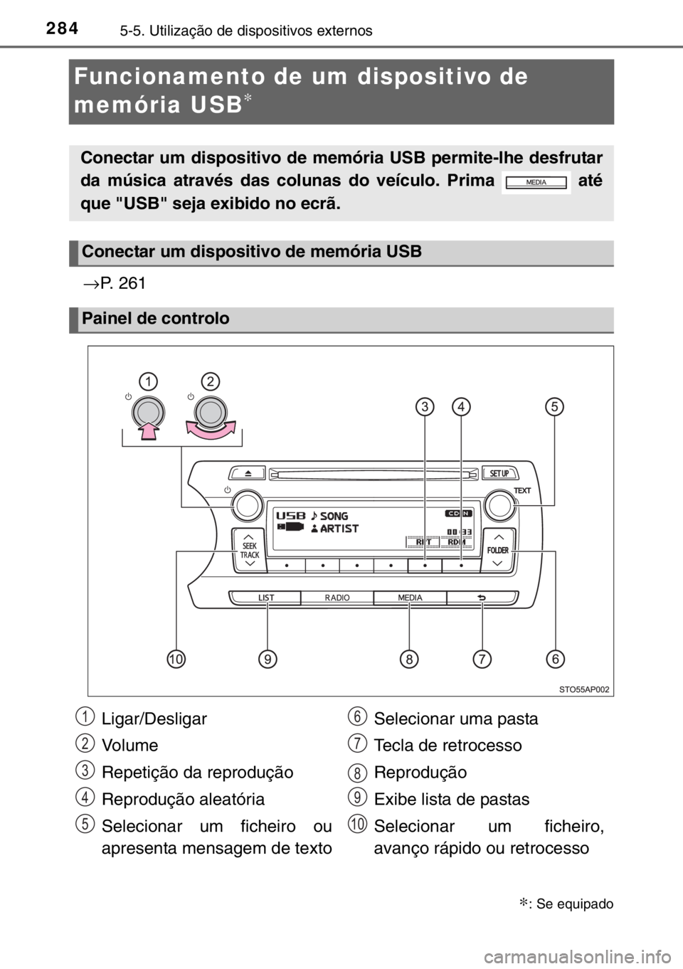 TOYOTA YARIS HYBRID 2017 Manual de utilização (in Portuguese) 2845-5. Utilização de dispositivos externos
Funcionamento de um dispositivo de
memória USB
∗
→P. 261
∗: Se equipado
Conectar um dispositivo de memória USB permite-lhe desfrutar
da música a TOYOTA YARIS HYBRID 2017 Manual de utilização (in Portuguese) 2845-5. Utilização de dispositivos externos
Funcionamento de um dispositivo de
memória USB
∗
→P. 261
∗: Se equipado
Conectar um dispositivo de memória USB permite-lhe desfrutar
da música a