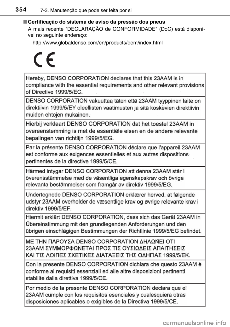 TOYOTA YARIS HYBRID 2017  Manual de utilização (in Portuguese) 3547-3. Manutenção que pode ser feita por si
■Certificação do sistema de aviso da pressão dos pneus
A mais recente "DECLARAÇÃO de CONFORMIDADE" (DoC) está disponí-
vel no seguinte e