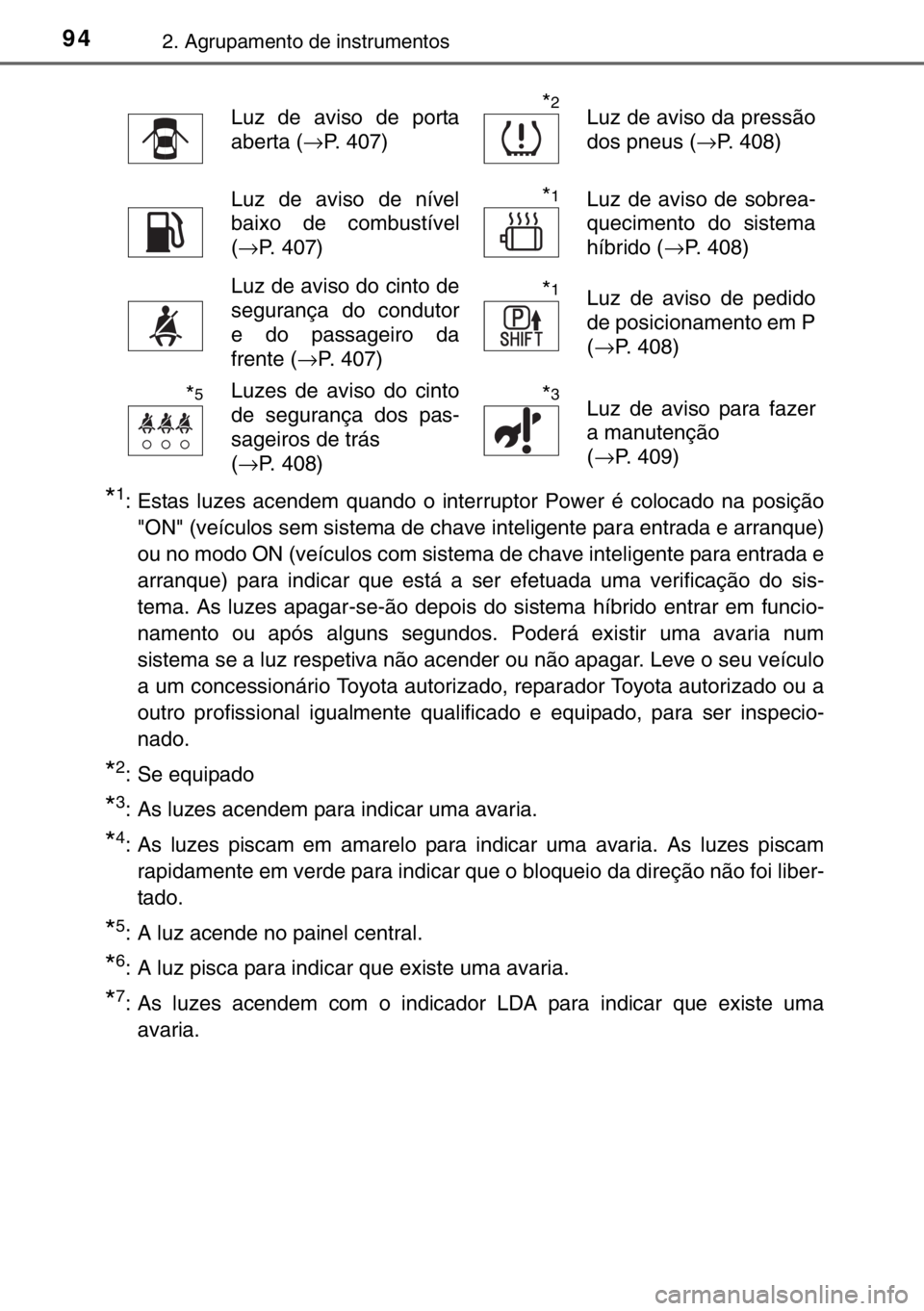 TOYOTA YARIS HYBRID 2017 Manual de utilização (in Portuguese) 942. Agrupamento de instrumentos
*1: Estas luzes acendem quando o interruptor Power é colocado na posição
"ON" (veículos sem sistema de chave inteligente para entrada e arranque)
ou no mod TOYOTA YARIS HYBRID 2017 Manual de utilização (in Portuguese) 942. Agrupamento de instrumentos
*1: Estas luzes acendem quando o interruptor Power é colocado na posição
"ON" (veículos sem sistema de chave inteligente para entrada e arranque)
ou no mod