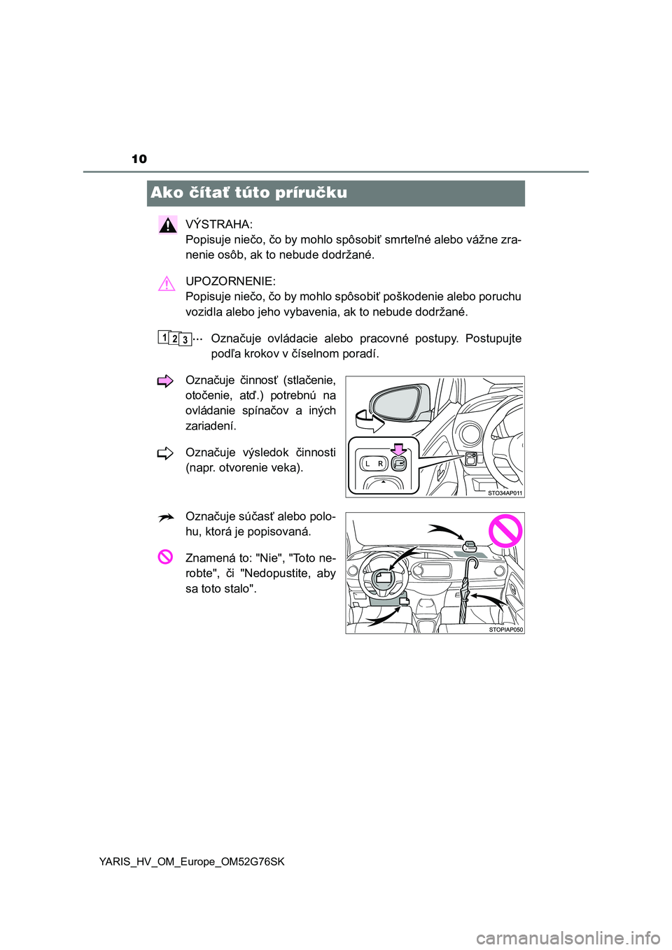 TOYOTA YARIS HYBRID 2017  Návod na použitie (in Slovakian) 10
YARIS_HV_OM_Europe_OM52G76SK
Ako čítať túto príručku
VÝSTRAHA: 
Popisuje niečo, čo by mohlo spôsobiť smrteľné alebo vážne zra-
nenie osôb, ak to nebude dodržané.
UPOZORNENIE: 
Pop