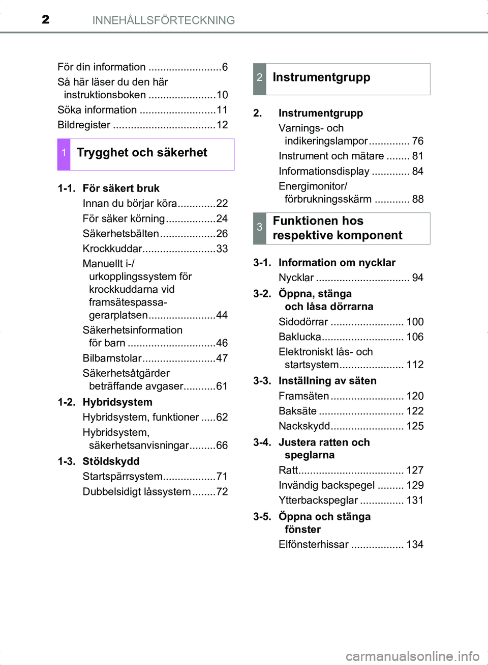 TOYOTA YARIS HYBRID 2017 Bruksanvisningar (in Swedish) INNEHÅLLSFÖRTECKNING2
OM52J30SEFör din information .........................6
Så här läser du den här
instruktionsboken .......................10
Söka information ..........................11 TOYOTA YARIS HYBRID 2017 Bruksanvisningar (in Swedish) INNEHÅLLSFÖRTECKNING2
OM52J30SEFör din information .........................6
Så här läser du den här
instruktionsboken .......................10
Söka information ..........................11