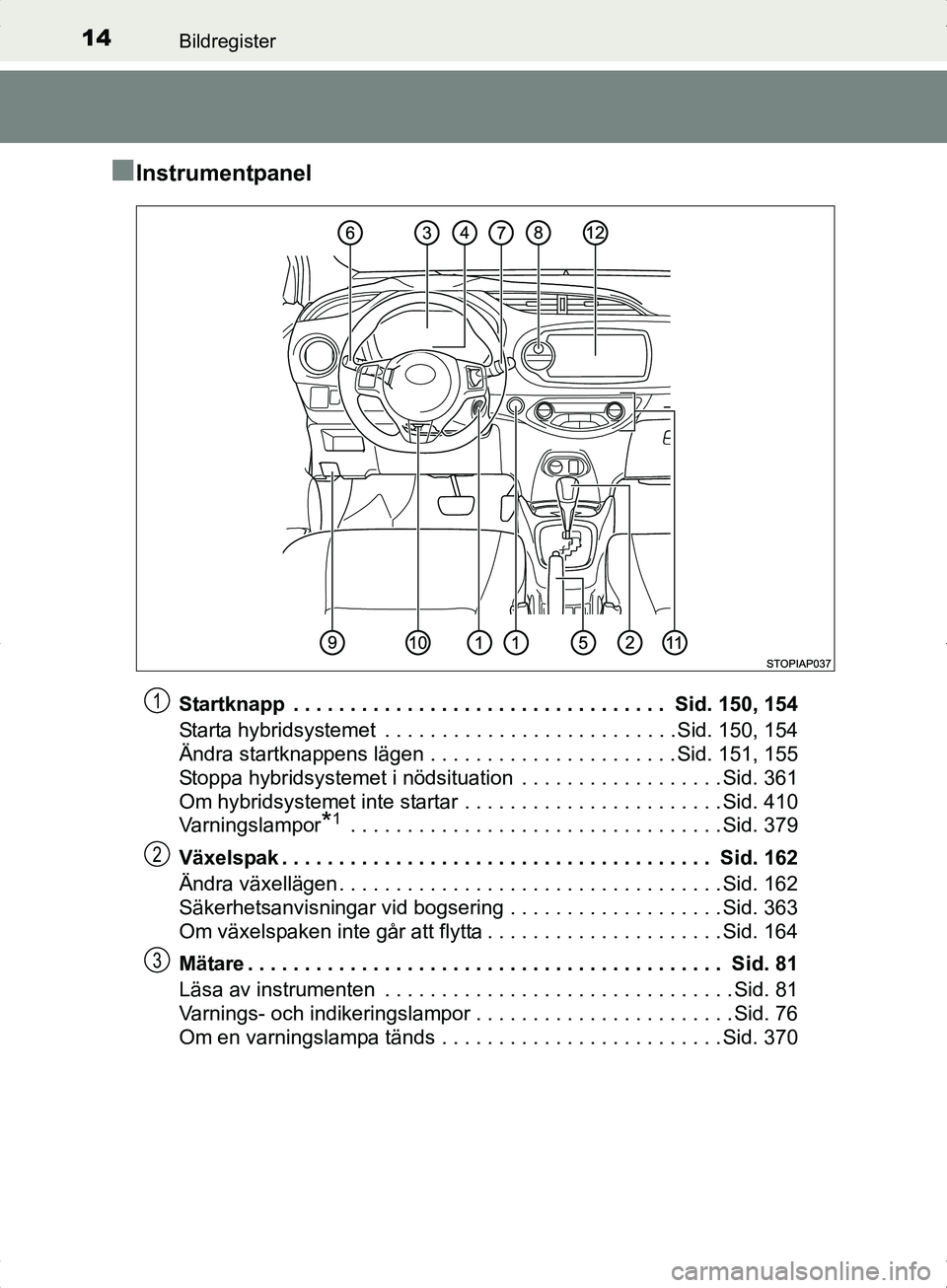 TOYOTA YARIS HYBRID 2017  Bruksanvisningar (in Swedish) 14Bildregister
OM52J30SE
nInstrumentpanel
Startknapp  . . . . . . . . . . . . . . . . . . . . . . . . . . . . . . . . .  Sid. 150, 154
Starta hybridsystemet  . . . . . . . . . . . . . . . . . . . . . 