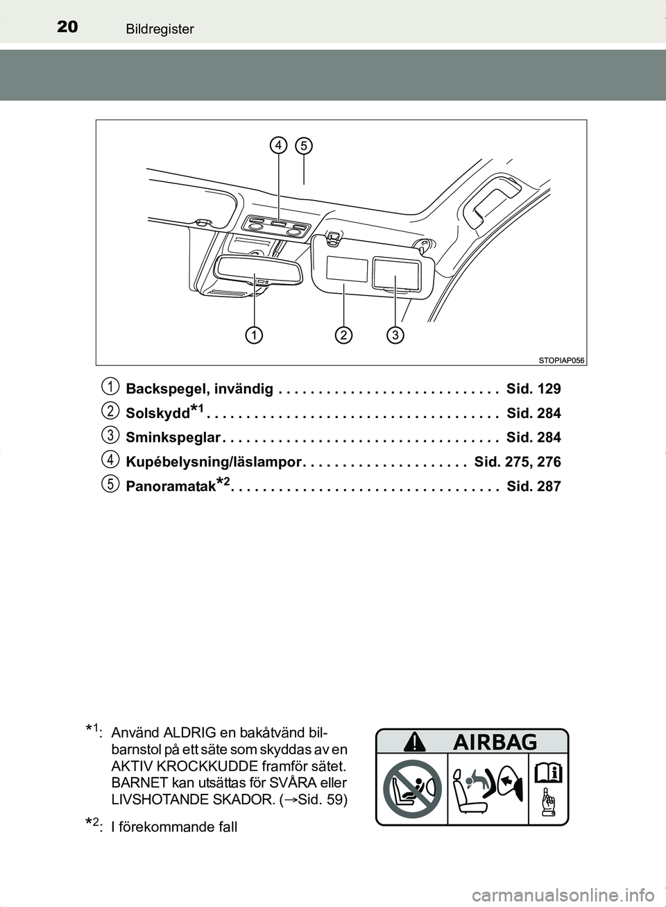 TOYOTA YARIS HYBRID 2017  Bruksanvisningar (in Swedish) 20Bildregister
OM52J30SEBackspegel, invändig  . . . . . . . . . . . . . . . . . . . . . . . . . . . .  Sid. 129
Solskydd
*1. . . . . . . . . . . . . . . . . . . . . . . . . . . . . . . . . . . . .  S