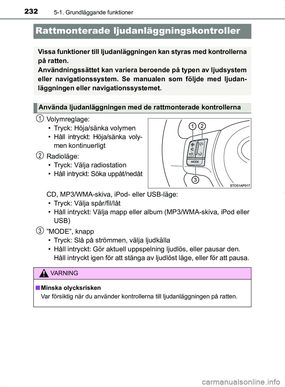 TOYOTA YARIS HYBRID 2017 Bruksanvisningar (in Swedish) 2325-1. Grundläggande funktioner
OM52J30SE
Rattmonterade ljudanläggningskontroller
Volymreglage:• Tryck: Höja/sänka volymen
• Håll intryckt: Höja/sänka voly- men kontinuerligt
Radioläge: TOYOTA YARIS HYBRID 2017 Bruksanvisningar (in Swedish) 2325-1. Grundläggande funktioner
OM52J30SE
Rattmonterade ljudanläggningskontroller
Volymreglage:• Tryck: Höja/sänka volymen
• Håll intryckt: Höja/sänka voly- men kontinuerligt
Radioläge: