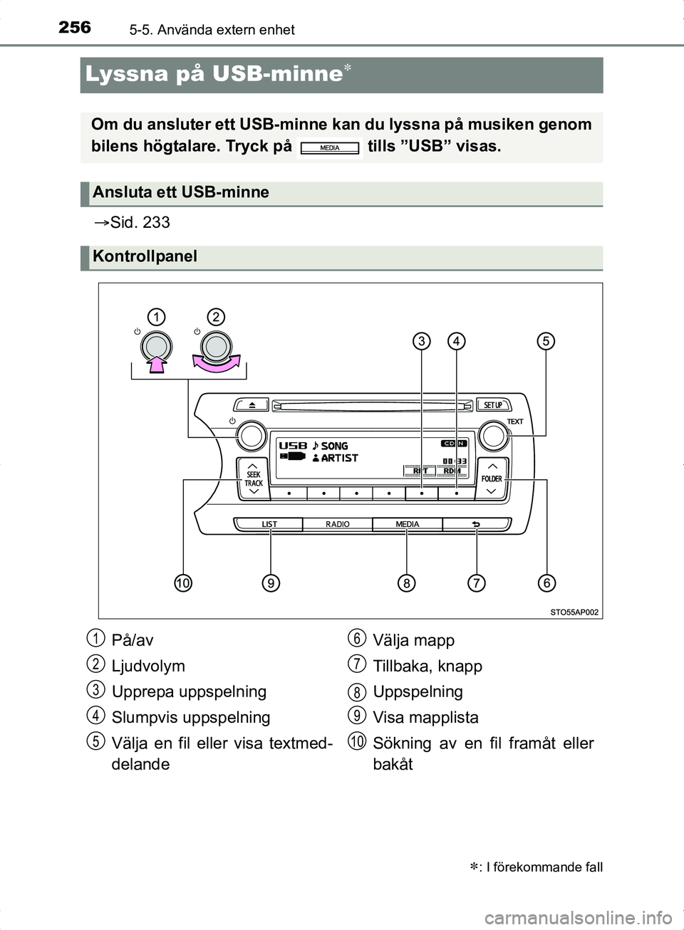 TOYOTA YARIS HYBRID 2017 Bruksanvisningar (in Swedish) 2565-5. Använda extern enhet
OM52J30SE
Lyssna på USB-minne
Sid. 233
: I förekommande fall
Om du ansluter ett USB-minne kan du lyssna på musiken genom
bilens högtalare. Tryck på tills TOYOTA YARIS HYBRID 2017 Bruksanvisningar (in Swedish) 2565-5. Använda extern enhet
OM52J30SE
Lyssna på USB-minne
Sid. 233
: I förekommande fall
Om du ansluter ett USB-minne kan du lyssna på musiken genom
bilens högtalare. Tryck på tills