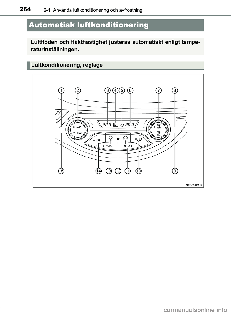 TOYOTA YARIS HYBRID 2017 Bruksanvisningar (in Swedish) 2646-1. Använda luftkonditionering och avfrostning
OM52J30SE
Automatisk luftkonditionering
Luftflöden och fläkthastighet justeras automatiskt enligt tempe-
raturinställningen.
Luftkonditionering, TOYOTA YARIS HYBRID 2017 Bruksanvisningar (in Swedish) 2646-1. Använda luftkonditionering och avfrostning
OM52J30SE
Automatisk luftkonditionering
Luftflöden och fläkthastighet justeras automatiskt enligt tempe-
raturinställningen.
Luftkonditionering,