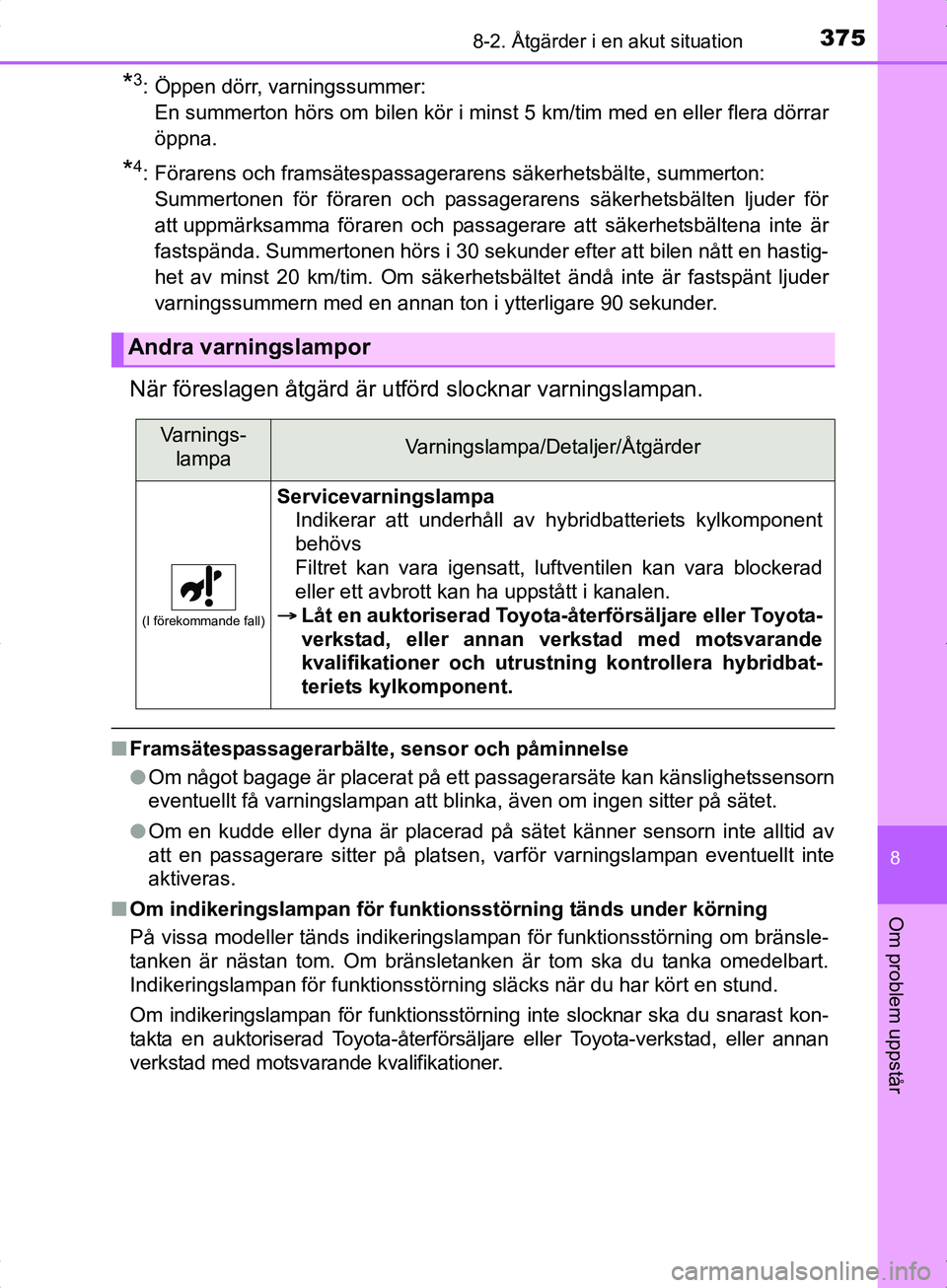 TOYOTA YARIS HYBRID 2017 Bruksanvisningar (in Swedish) 3758-2. Åtgärder i en akut situation
8
Om problem uppstår
OM52J30SE
*3: Öppen dörr, varningssummer: En summerton hörs om bilen kör i minst 5 km/tim med en eller flera dörrar
öppna.
*4: Förar TOYOTA YARIS HYBRID 2017 Bruksanvisningar (in Swedish) 3758-2. Åtgärder i en akut situation
8
Om problem uppstår
OM52J30SE
*3: Öppen dörr, varningssummer: En summerton hörs om bilen kör i minst 5 km/tim med en eller flera dörrar
öppna.
*4: Förar