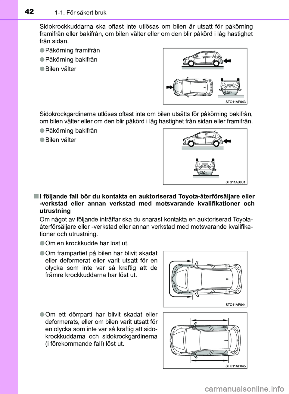 TOYOTA YARIS HYBRID 2017  Bruksanvisningar (in Swedish) 421-1. För säkert bruk
OM52J30SESidokrockkuddarna ska oftast inte utlösas om bilen är utsatt för påkörning
framifrån eller bakifrån, om bilen välter eller om den blir påkörd i låg hastigh