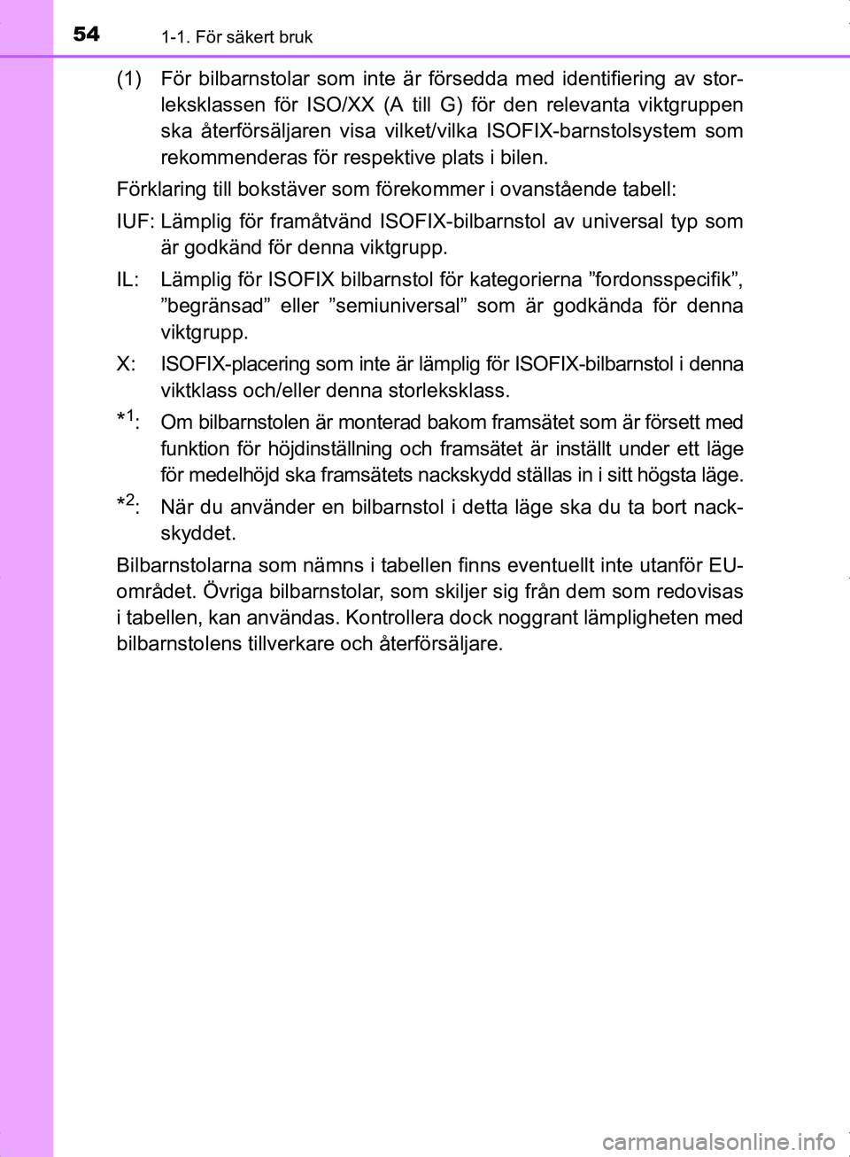 TOYOTA YARIS HYBRID 2017 Bruksanvisningar (in Swedish) 541-1. För säkert bruk
OM52J30SE
(1) För bilbarnstolar som inte är försedda med identifiering av stor-leksklassen för ISO/XX (A till G) för den relevanta viktgruppen
ska återförsäljaren visa TOYOTA YARIS HYBRID 2017 Bruksanvisningar (in Swedish) 541-1. För säkert bruk
OM52J30SE
(1) För bilbarnstolar som inte är försedda med identifiering av stor-leksklassen för ISO/XX (A till G) för den relevanta viktgruppen
ska återförsäljaren visa