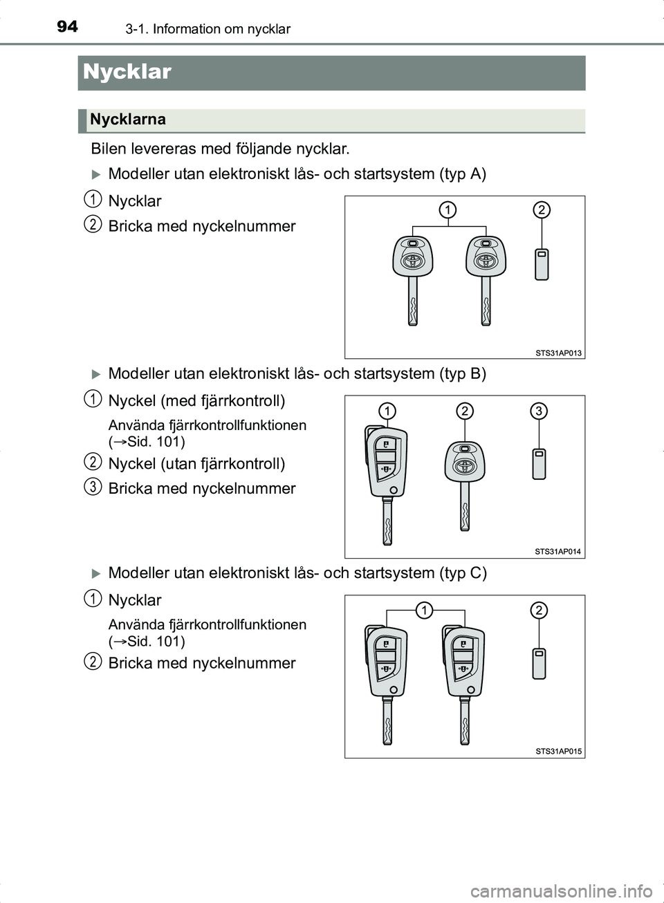 TOYOTA YARIS HYBRID 2017  Bruksanvisningar (in Swedish) 943-1. Information om nycklar
OM52J30SE
Nycklar
Bilen levereras med följande nycklar.
Modeller utan elektroniskt lås- och startsystem (typ A)
Nycklar
Bricka med nyckelnummer
Modeller utan elek