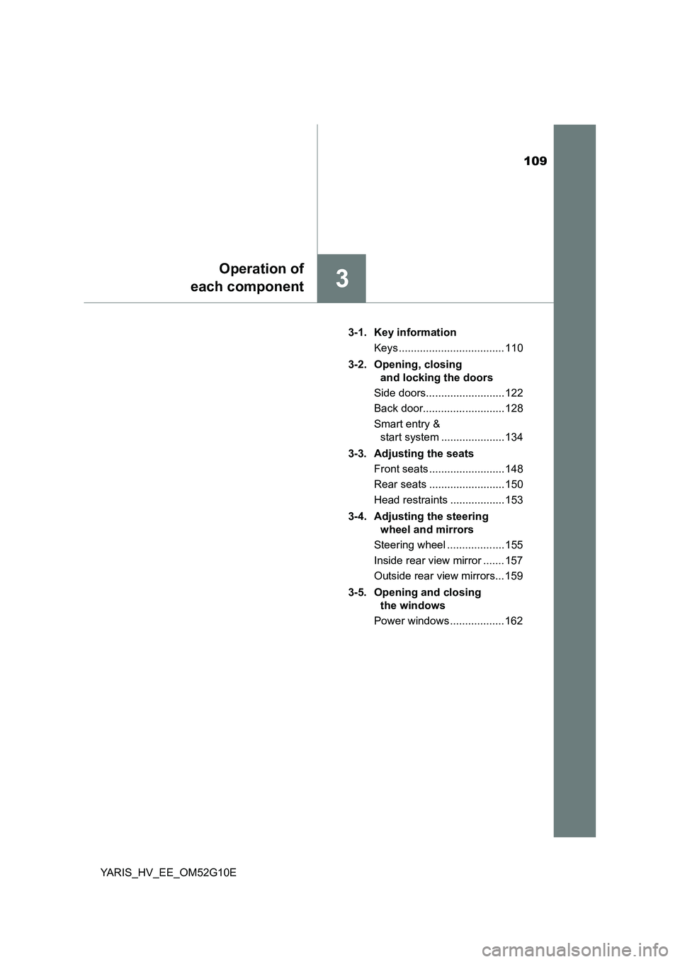 TOYOTA YARIS HYBRID 2016  Owners Manual 109
3
Operation of 
each component
YARIS_HV_EE_OM52G10E 
3-1. Key information 
Keys ................................... 110 
3-2. Opening, closing  
and locking the doors 
Side doors..................