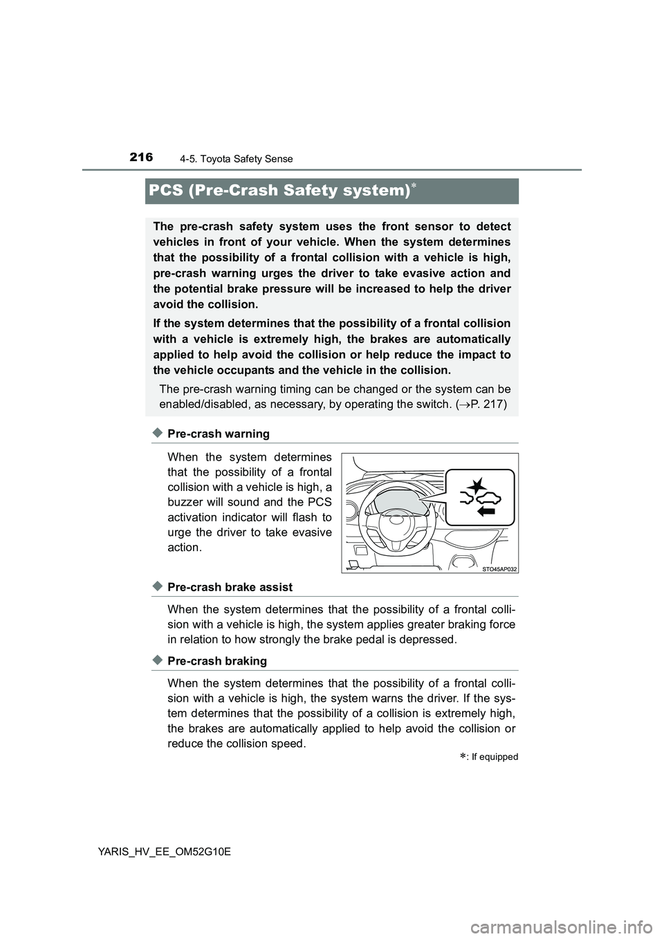 TOYOTA YARIS HYBRID 2016  Owners Manual 2164-5. Toyota Safety Sense
YARIS_HV_EE_OM52G10E
PCS (Pre-Crash Safety system)
◆Pre-crash warning 
When the system determines 
that the possibility of a frontal 
collision with a vehicle is high,