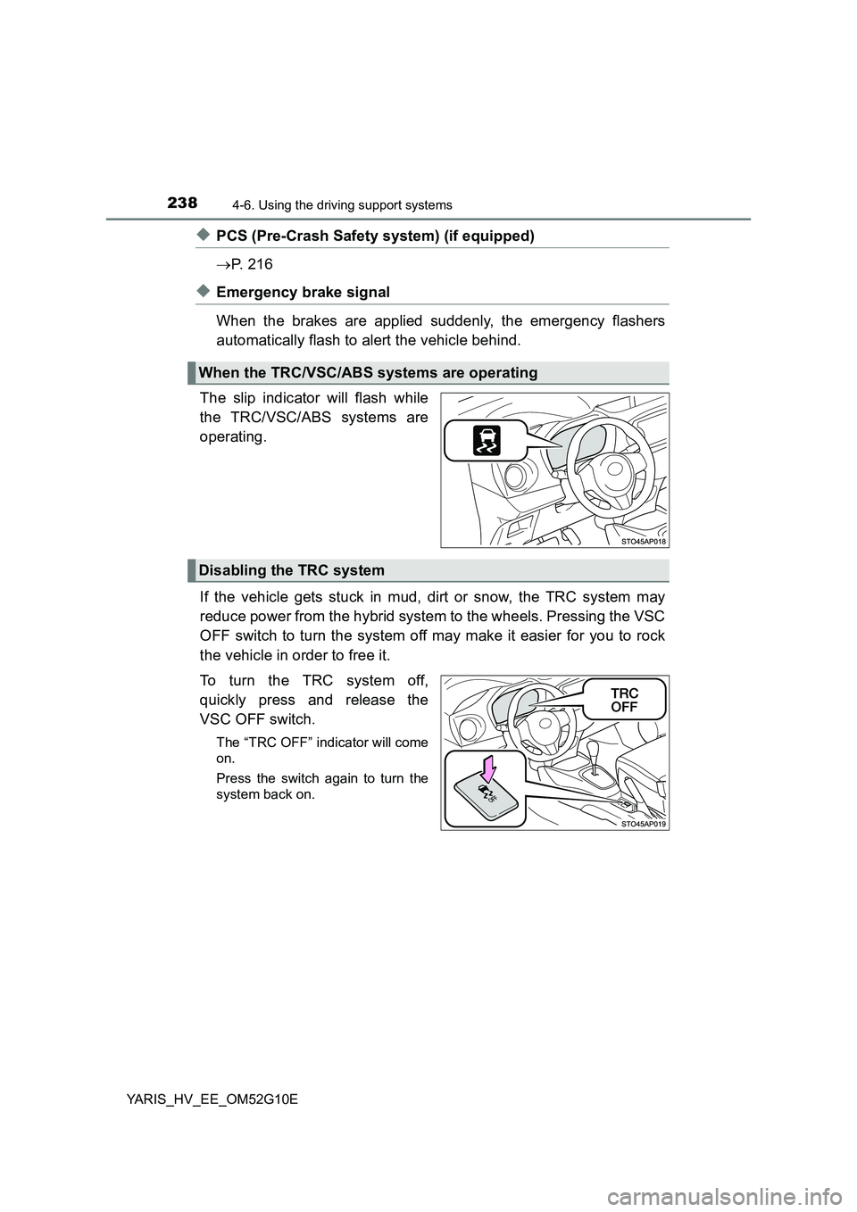 TOYOTA YARIS HYBRID 2016  Owners Manual 2384-6. Using the driving support systems
YARIS_HV_EE_OM52G10E
◆PCS (Pre-Crash Safety system) (if equipped) 
 P.  2 1 6
◆Emergency brake signal 
When the brakes are applied suddenly, the emerge