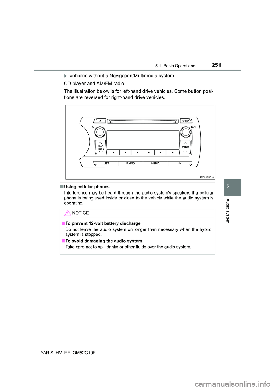 TOYOTA YARIS HYBRID 2016  Owners Manual 2515-1. Basic Operations
5
Audio system
YARIS_HV_EE_OM52G10E
Vehicles without a Navigation/Multimedia system 
CD player and AM/FM radio 
The illustration below is for left-hand drive vehicles. Some