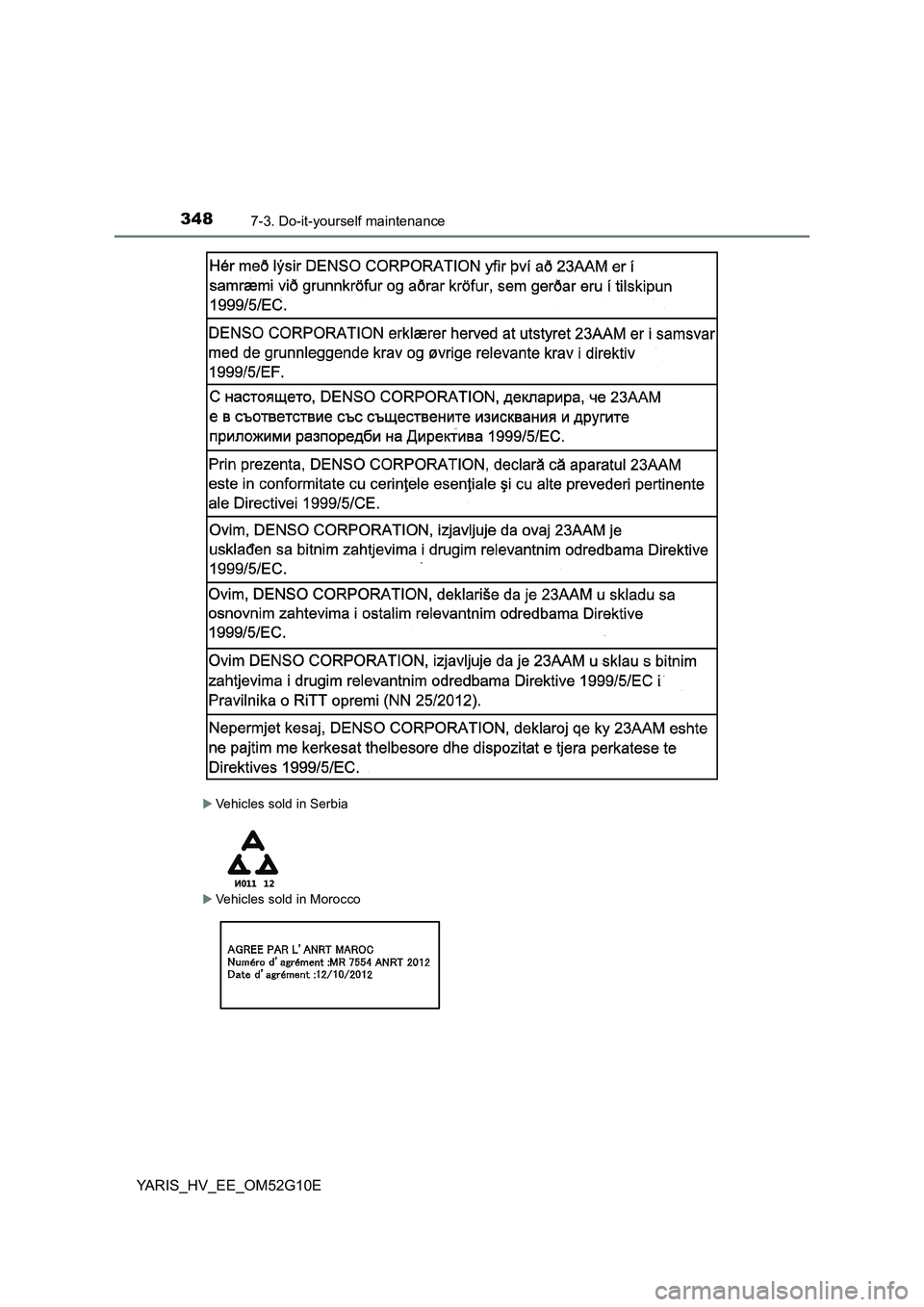 TOYOTA YARIS HYBRID 2016  Owners Manual 3487-3. Do-it-yourself maintenance
YARIS_HV_EE_OM52G10E
Vehicles sold in Serbia
Vehicles sold in Morocco 