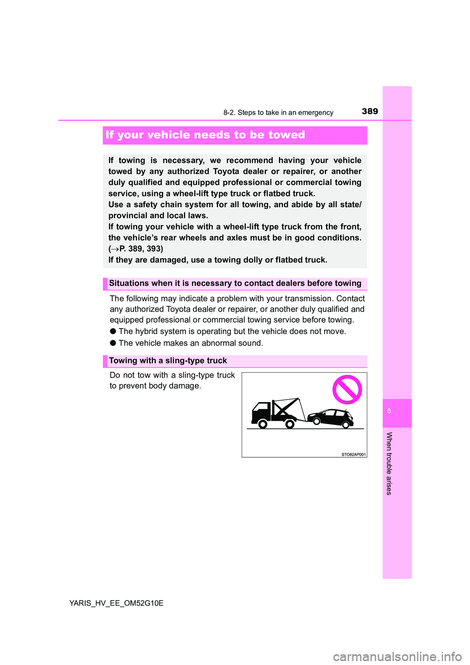 TOYOTA YARIS HYBRID 2016  Owners Manual 3898-2. Steps to take in an emergency
8
When trouble arises
YARIS_HV_EE_OM52G10E
If your vehicle needs to be towed
The following may indicate a problem with your transmission. Contact 
any authorized 