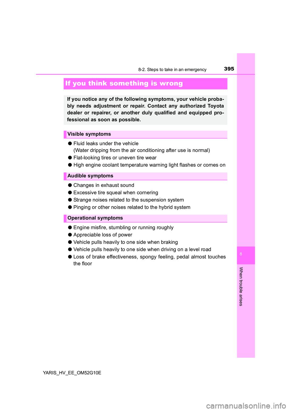 TOYOTA YARIS HYBRID 2016  Owners Manual 3958-2. Steps to take in an emergency
8
When trouble arises
YARIS_HV_EE_OM52G10E
If you think something is wrong
●Fluid leaks under the vehicle 
(Water dripping from the air conditioning after use i