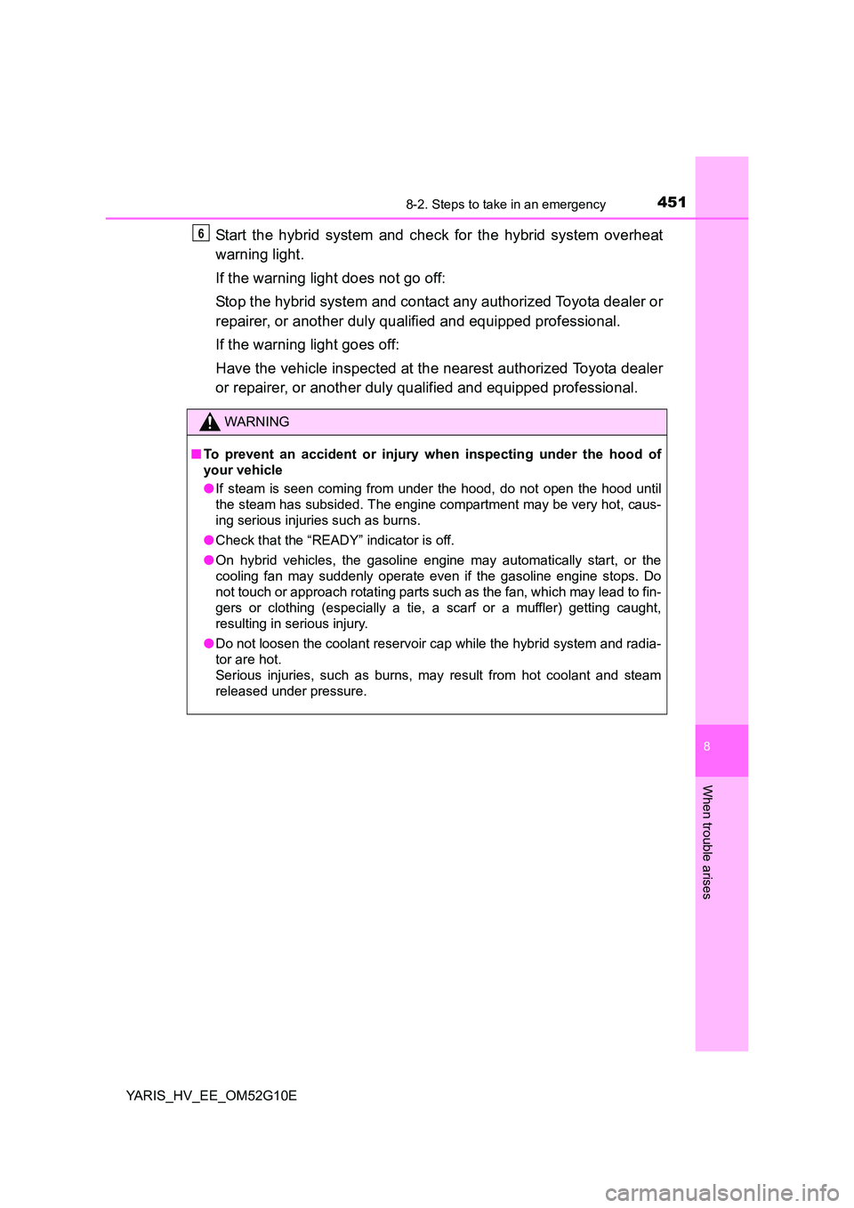 TOYOTA YARIS HYBRID 2016  Owners Manual 4518-2. Steps to take in an emergency
8
When trouble arises
YARIS_HV_EE_OM52G10E
Start the hybrid system and check for the hybrid system overheat 
warning light. 
If the warning light does not go off: