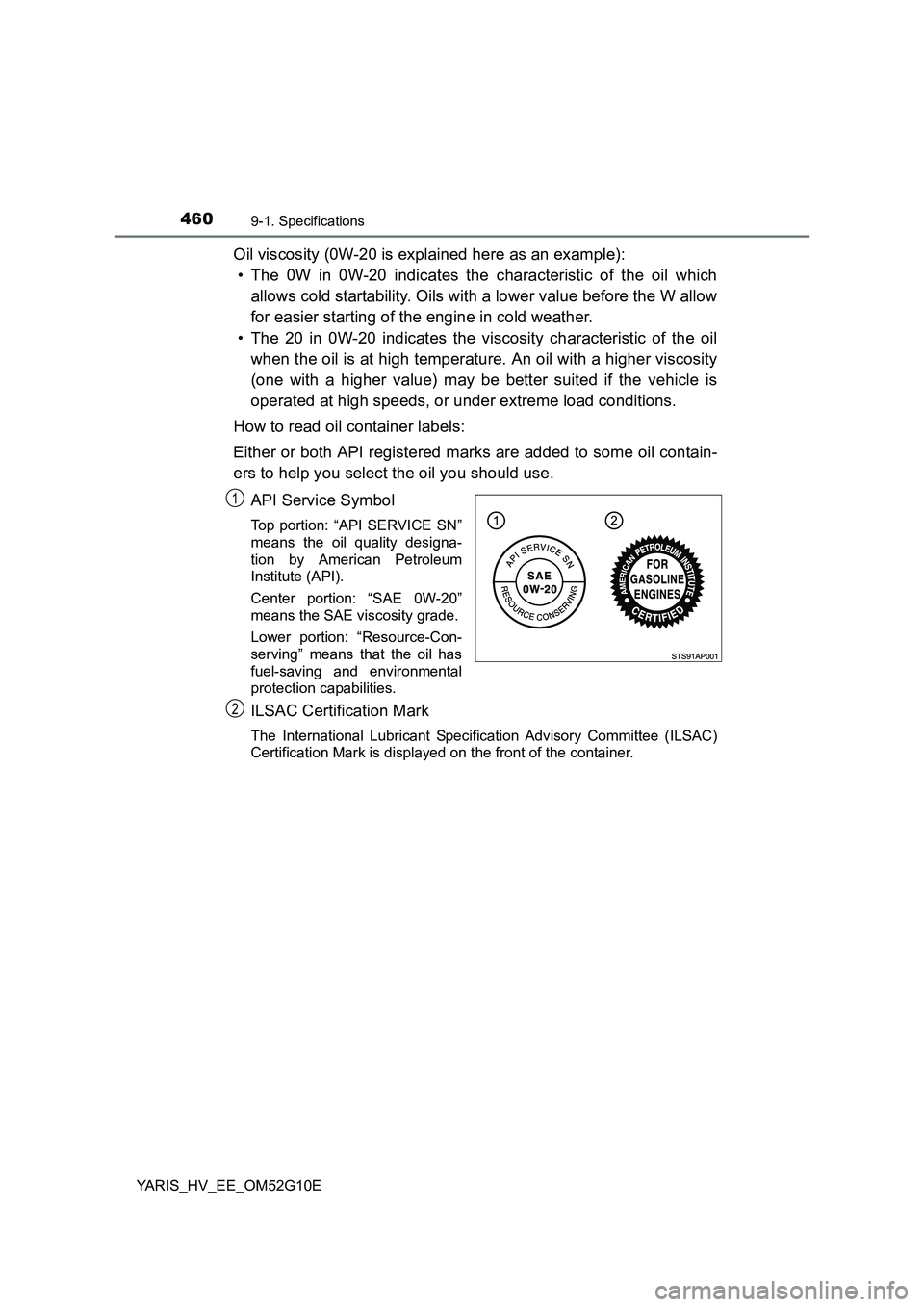 TOYOTA YARIS HYBRID 2016  Owners Manual 4609-1. Specifications
YARIS_HV_EE_OM52G10E
Oil viscosity (0W-20 is explained here as an example):  
• The 0W in 0W-20 indicates the characteristic of the oil which 
allows cold startability. Oils w