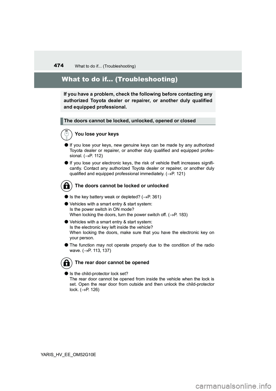 TOYOTA YARIS HYBRID 2016  Owners Manual 474What to do if... (Troubleshooting)
YARIS_HV_EE_OM52G10E
What to do if... (Troubleshooting)
●If you lose your keys, new genuine keys can be made by any authorized 
Toyota dealer or repairer, or an