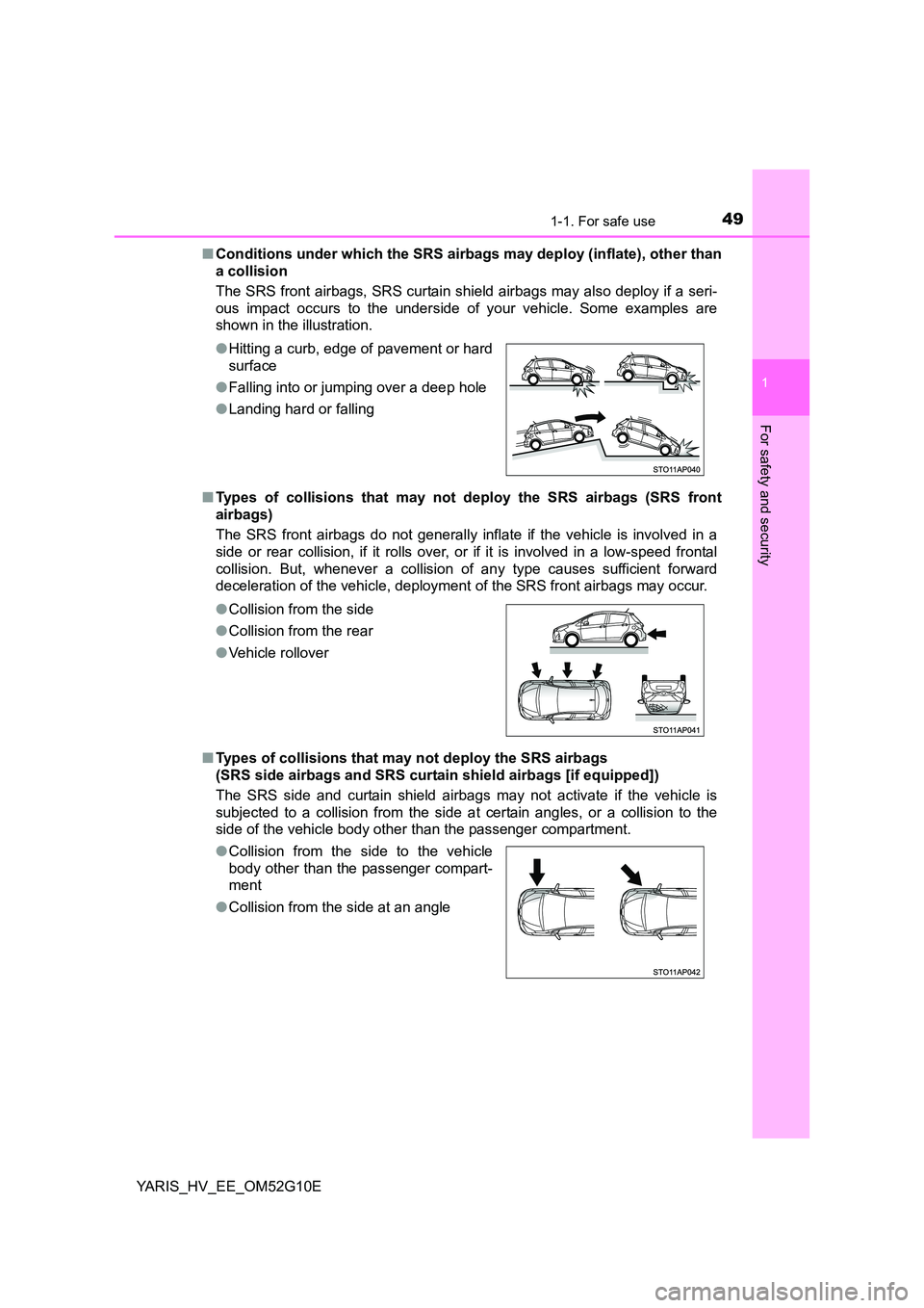 TOYOTA YARIS HYBRID 2016 Service Manual 491-1. For safe use
1
For safety and security
YARIS_HV_EE_OM52G10E
■ Conditions under which the SRS airbags may deploy (inflate), other than
a collision
The SRS front airbags, SRS curtain shield TOYOTA YARIS HYBRID 2016 Service Manual 491-1. For safe use
1
For safety and security
YARIS_HV_EE_OM52G10E
■ Conditions under which the SRS airbags may deploy (inflate), other than
a collision
The SRS front airbags, SRS curtain shield
