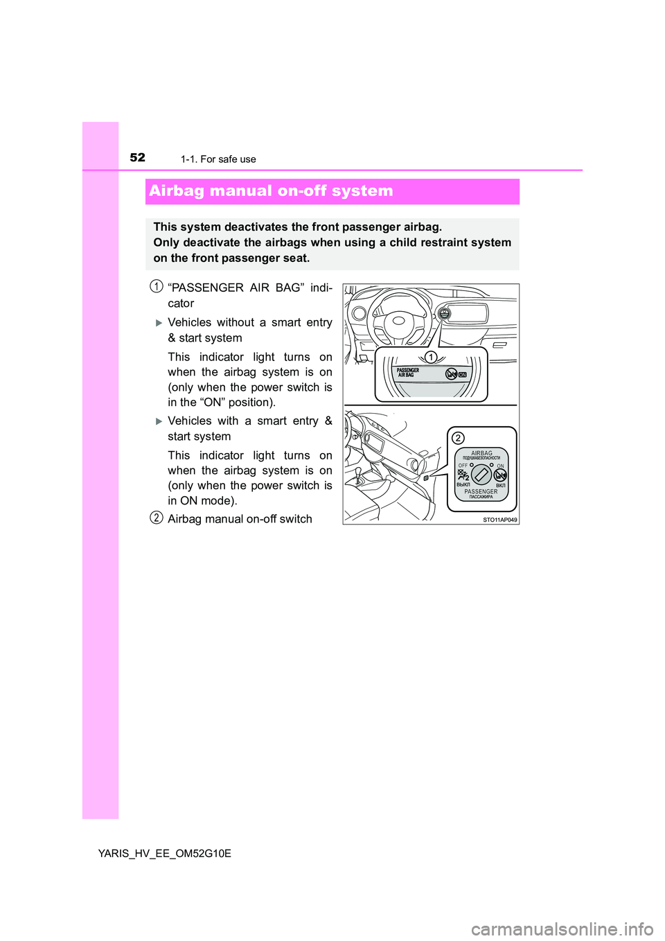 TOYOTA YARIS HYBRID 2016 Workshop Manual 521-1. For safe use
YARIS_HV_EE_OM52G10E
Airbag manual on-off system
“PASSENGER AIR BAG” indi-
cator
Vehicles without a smart entry
& start system
This indicator light turns on
when the airb TOYOTA YARIS HYBRID 2016 Workshop Manual 521-1. For safe use
YARIS_HV_EE_OM52G10E
Airbag manual on-off system
“PASSENGER AIR BAG” indi-
cator
Vehicles without a smart entry
& start system
This indicator light turns on
when the airb