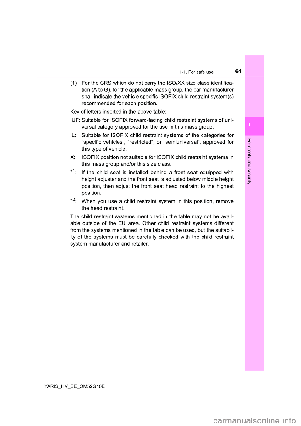 TOYOTA YARIS HYBRID 2016 Repair Manual 611-1. For safe use
1
For safety and security
YARIS_HV_EE_OM52G10E
(1) For the CRS which do not carry the ISO/XX size class identifica- 
tion (A to G), for the applicable mass group, the car manufactu