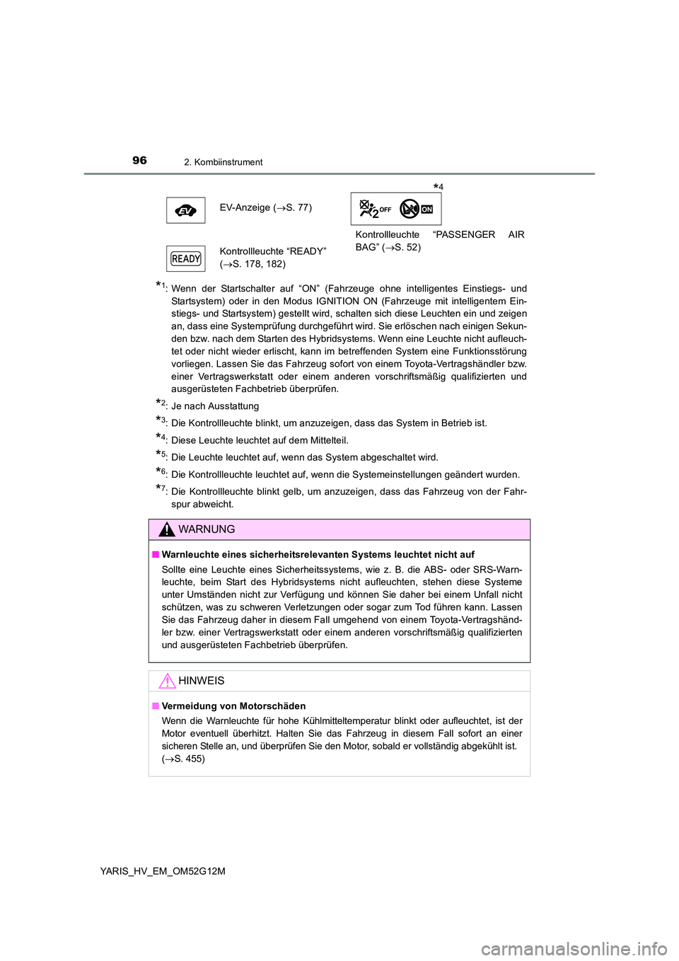 TOYOTA YARIS HYBRID 2016  Betriebsanleitungen (in German) 962. Kombiinstrument
YARIS_HV_EM_OM52G12M
*1: Wenn der Startschalter auf “ON” (Fahrzeuge ohne intelligentes Einstiegs- und 
Startsystem) oder in den Modus IGNITION ON (Fahrzeuge mit intelligentem 