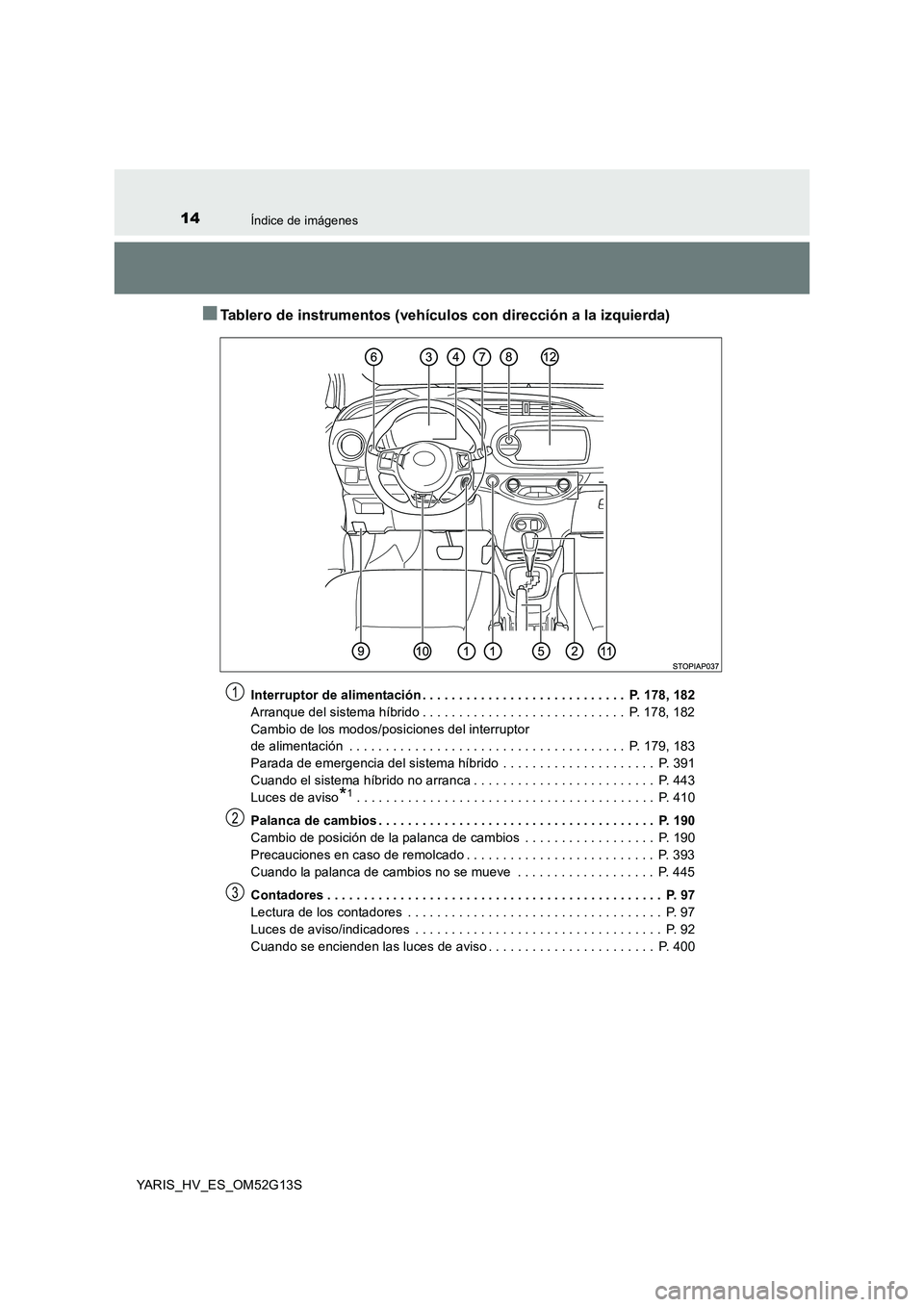 TOYOTA YARIS HYBRID 2016  Manual del propietario (in Spanish) 14Índice de imágenes
YARIS_HV_ES_OM52G13S
■Tablero de instrumentos (vehículos con dirección a la izquierda)
Interruptor de alimentación . . . . . . . . . . . . . . . . . . . . . . . . . . . .  