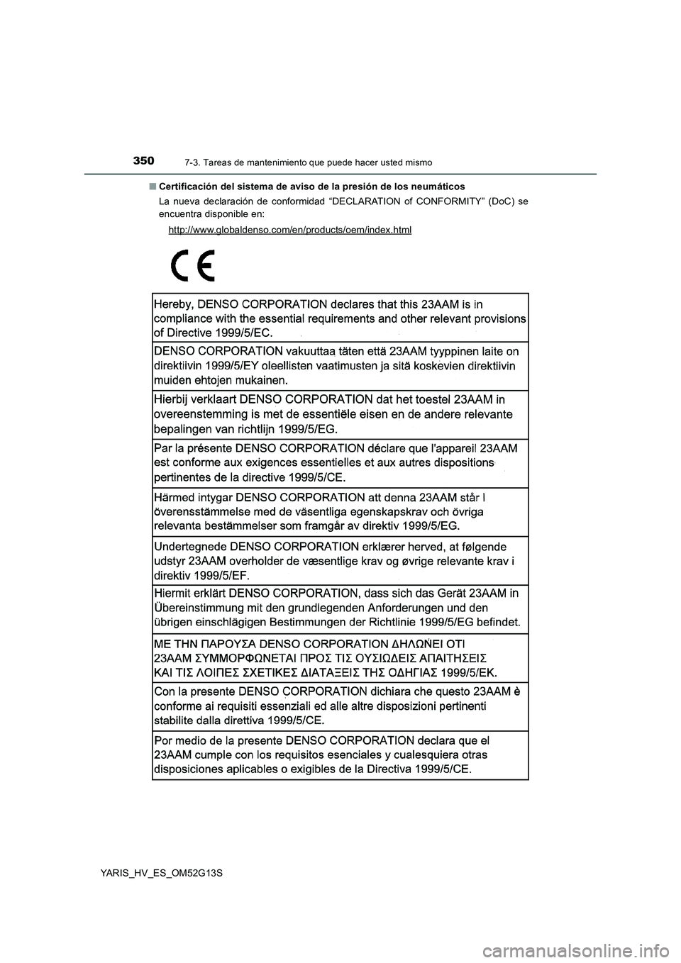 TOYOTA YARIS HYBRID 2016  Manual del propietario (in Spanish) 3507-3. Tareas de mantenimiento que puede hacer usted mismo
YARIS_HV_ES_OM52G13S 
■ Certificación del sistema de aviso de la presión de los neumáticos 
La nueva declaración de conformidad “DEC