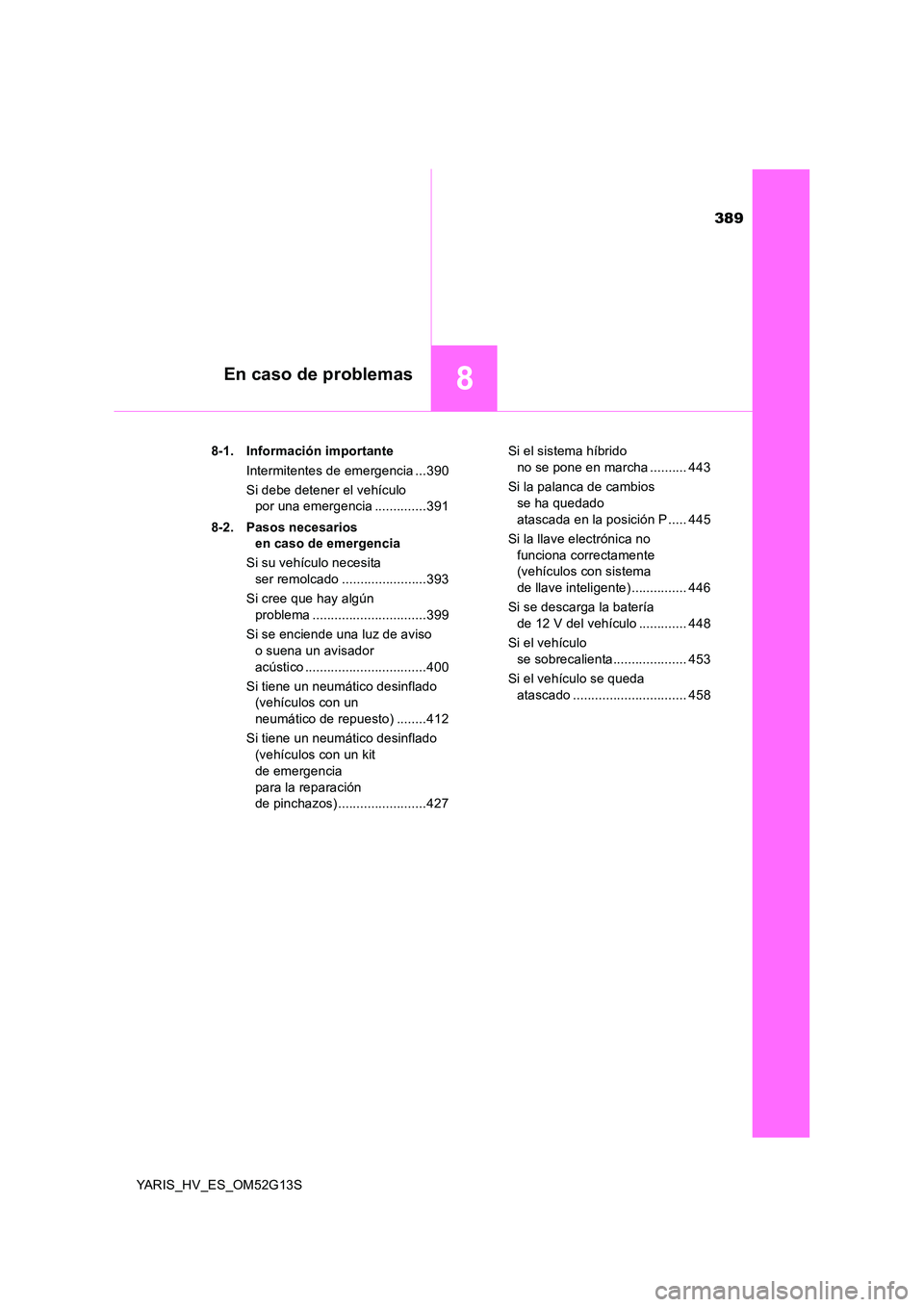 TOYOTA YARIS HYBRID 2016  Manual del propietario (in Spanish) 389
8En caso de problemas
YARIS_HV_ES_OM52G13S 
8-1. Información importante 
Intermitentes de emergencia ...390 
Si debe detener el vehículo  
por una emergencia ..............391 
8-2. Pasos necesa