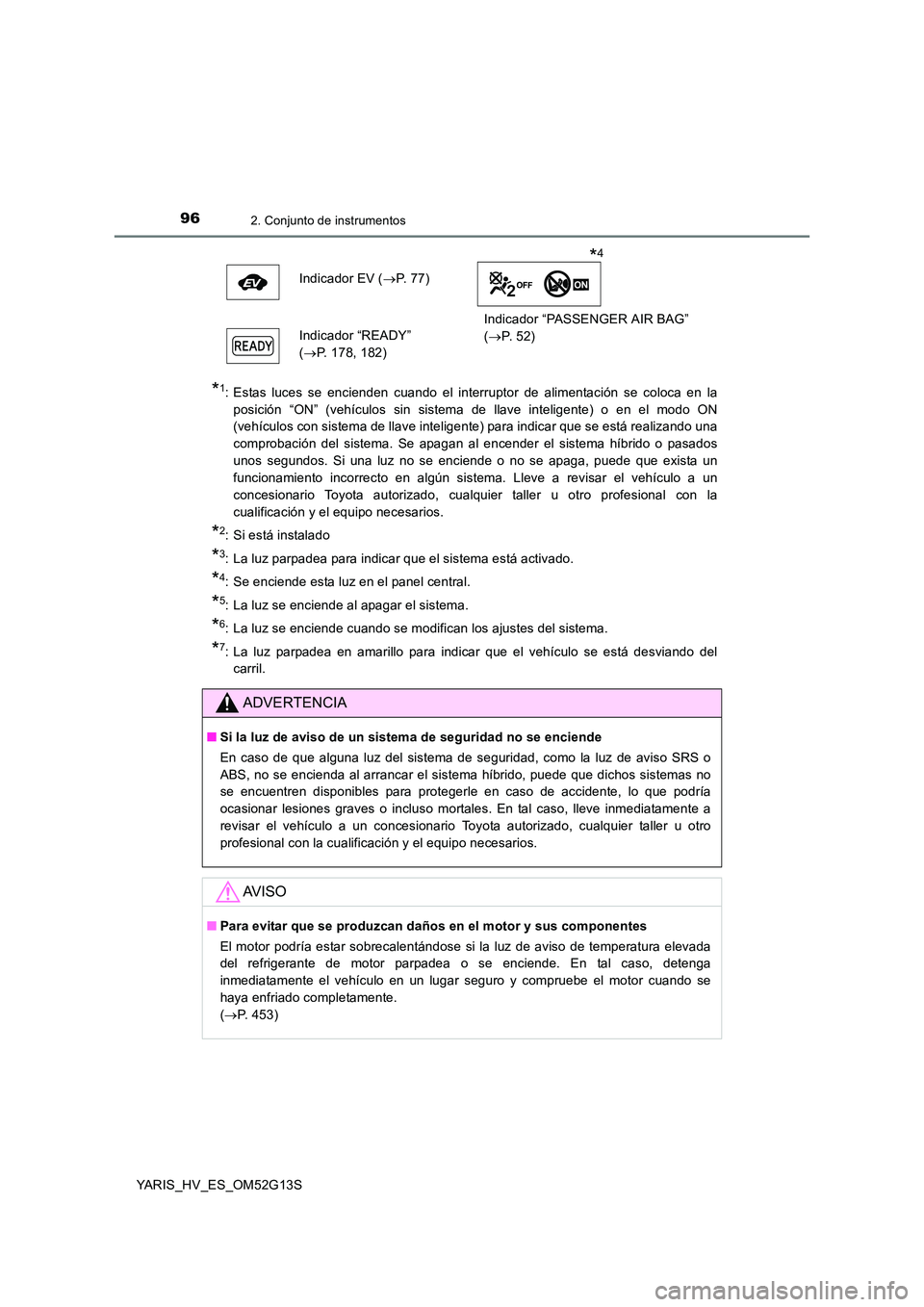 TOYOTA YARIS HYBRID 2016 Manual del propietario (in Spanish) 962. Conjunto de instrumentos
YARIS_HV_ES_OM52G13S
*1: Estas luces se encienden cuando el interruptor de alimentación se coloca en la
posición “ON” (vehículos sin sistema de llave inteligente) TOYOTA YARIS HYBRID 2016 Manual del propietario (in Spanish) 962. Conjunto de instrumentos
YARIS_HV_ES_OM52G13S
*1: Estas luces se encienden cuando el interruptor de alimentación se coloca en la
posición “ON” (vehículos sin sistema de llave inteligente)