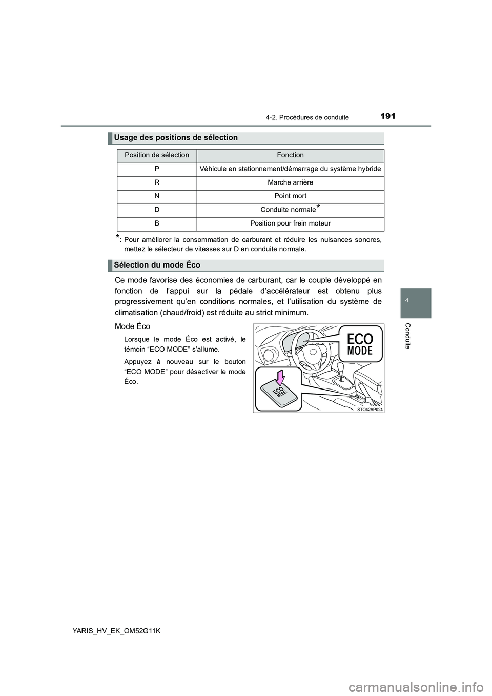 TOYOTA YARIS HYBRID 2016  Manuel du propriétaire (in French) 1914-2. Procédures de conduite
4
Conduite
YARIS_HV_EK_OM52G11K
*: Pour améliorer la consommation de carburant et réduire les nuisances sonores, 
mettez le sélecteur de vitesses sur D en conduite n