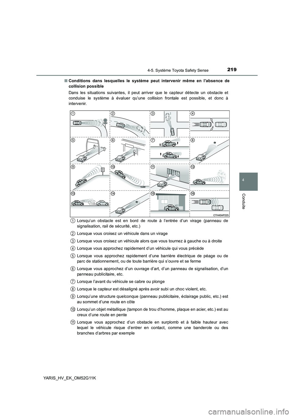 TOYOTA YARIS HYBRID 2016  Manuel du propriétaire (in French) 2194-5. Système Toyota Safety Sense
4
Conduite
YARIS_HV_EK_OM52G11K 
■ Conditions dans lesquelles le système peut intervenir même en l’absence de 
collision possible 
Dans les situations suivan