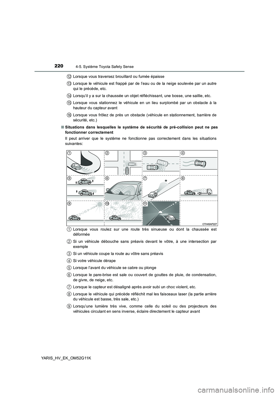 TOYOTA YARIS HYBRID 2016  Manuel du propriétaire (in French) 2204-5. Système Toyota Safety Sense
YARIS_HV_EK_OM52G11K 
Lorsque vous traversez brouillard ou fumée épaisse 
Lorsque le véhicule est frappé par de l’eau ou de la neige soulevée par un autre 
