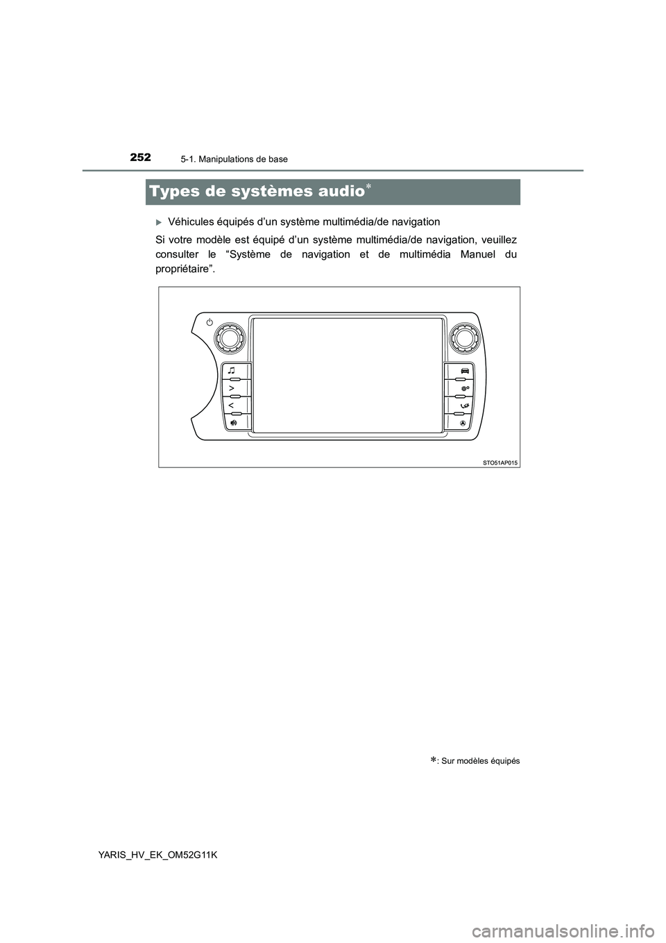 TOYOTA YARIS HYBRID 2016 Manuel du propriétaire (in French) 2525-1. Manipulations de base
YARIS_HV_EK_OM52G11K
Types de systèmes audio
Véhicules équipés d’un système multimédia/de navigation
Si votre modèle est équipé d’un systèm e multim TOYOTA YARIS HYBRID 2016 Manuel du propriétaire (in French) 2525-1. Manipulations de base
YARIS_HV_EK_OM52G11K
Types de systèmes audio
Véhicules équipés d’un système multimédia/de navigation
Si votre modèle est équipé d’un systèm e multim