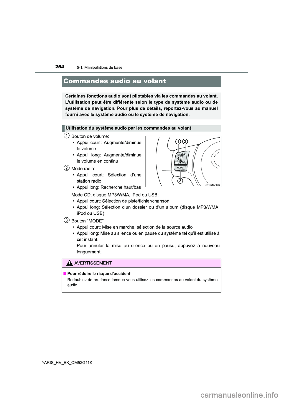 TOYOTA YARIS HYBRID 2016 Manuel du propriétaire (in French) 2545-1. Manipulations de base
YARIS_HV_EK_OM52G11K
Commandes audio au volant
Bouton de volume:
• Appui court: Augmente/diminue
le volume
• Appui long: Augmente/diminue
le volume en continu
Mod TOYOTA YARIS HYBRID 2016 Manuel du propriétaire (in French) 2545-1. Manipulations de base
YARIS_HV_EK_OM52G11K
Commandes audio au volant
Bouton de volume:
• Appui court: Augmente/diminue
le volume
• Appui long: Augmente/diminue
le volume en continu
Mod