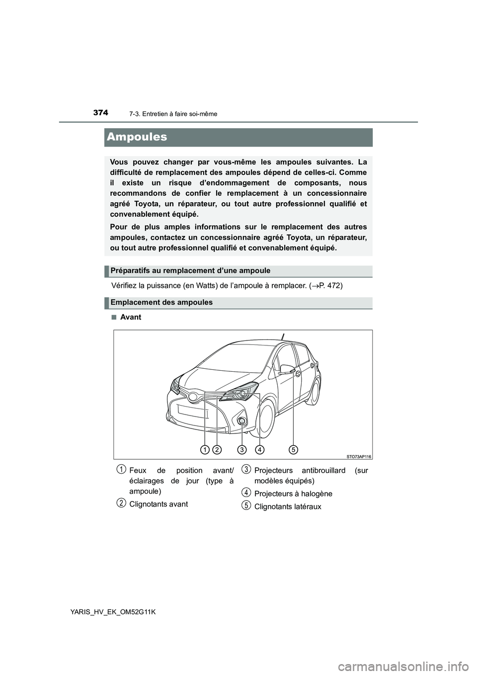 TOYOTA YARIS HYBRID 2016  Manuel du propriétaire (in French) 3747-3. Entretien à faire soi-même
YARIS_HV_EK_OM52G11K
Ampoules
Vérifiez la puissance (en Watts) de l’ampoule à remplacer. (P. 472)
■Avant
Vous pouvez changer par vous-même les ampoules s