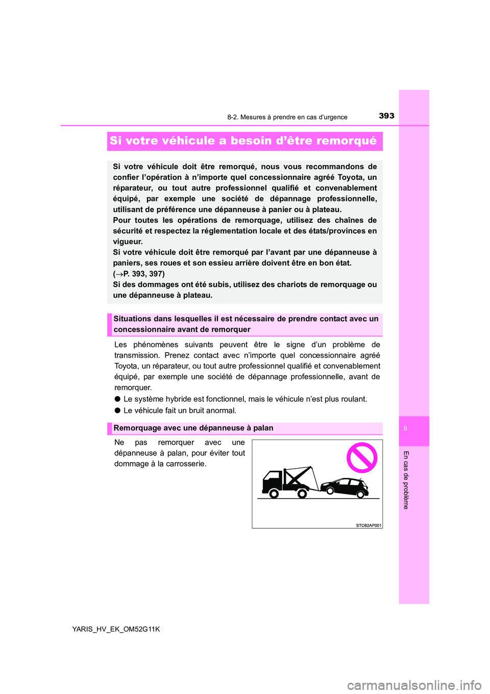 TOYOTA YARIS HYBRID 2016 Manuel du propriétaire (in French) 3938-2. Mesures à prendre en cas d’urgence
8
En cas de problème
YARIS_HV_EK_OM52G11K
Si votre véhicule a besoin d’être remorqué
Les phénomènes suivants peuvent être le signe d’un problè TOYOTA YARIS HYBRID 2016 Manuel du propriétaire (in French) 3938-2. Mesures à prendre en cas d’urgence
8
En cas de problème
YARIS_HV_EK_OM52G11K
Si votre véhicule a besoin d’être remorqué
Les phénomènes suivants peuvent être le signe d’un problè