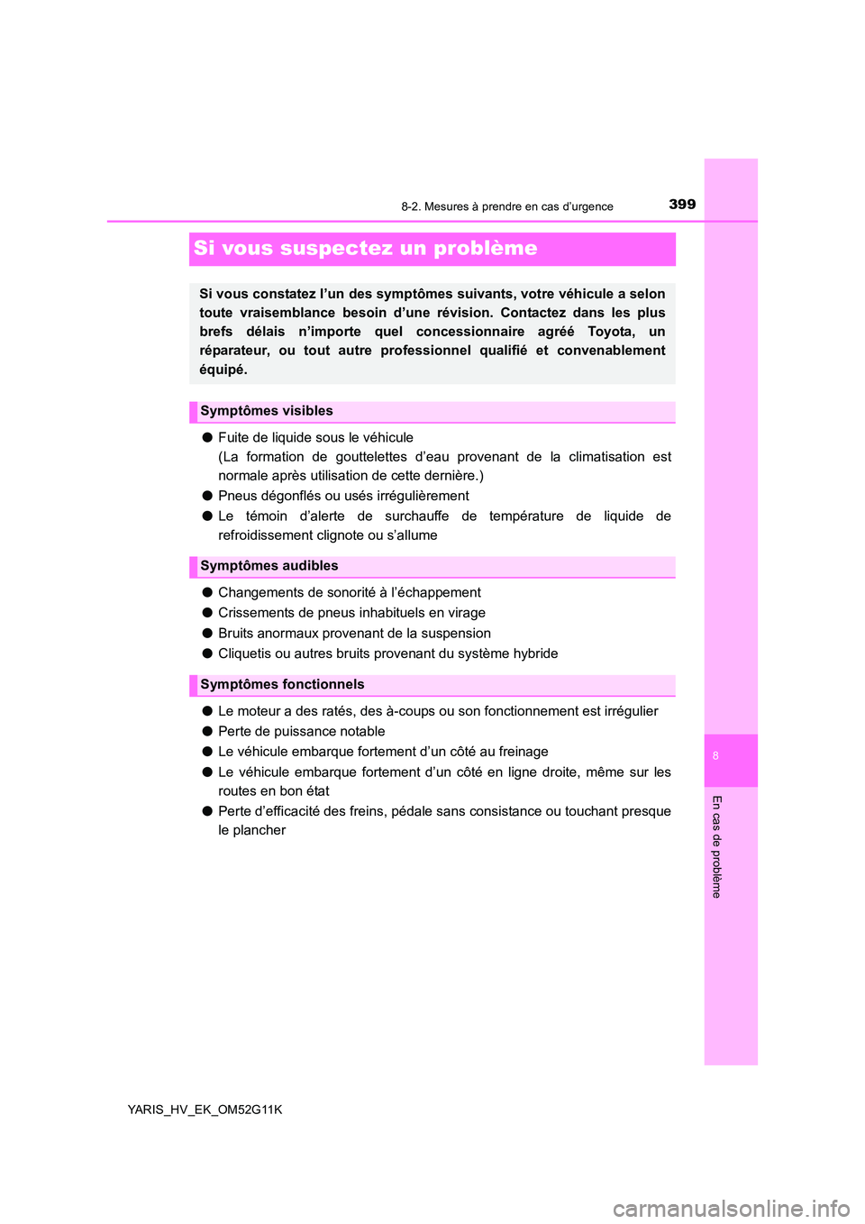 TOYOTA YARIS HYBRID 2016 Manuel du propriétaire (in French) 3998-2. Mesures à prendre en cas d’urgence
8
En cas de problème
YARIS_HV_EK_OM52G11K
Si vous suspectez un problème
●Fuite de liquide sous le véhicule
(La formation de gouttelettes d’eau pro TOYOTA YARIS HYBRID 2016 Manuel du propriétaire (in French) 3998-2. Mesures à prendre en cas d’urgence
8
En cas de problème
YARIS_HV_EK_OM52G11K
Si vous suspectez un problème
●Fuite de liquide sous le véhicule
(La formation de gouttelettes d’eau pro