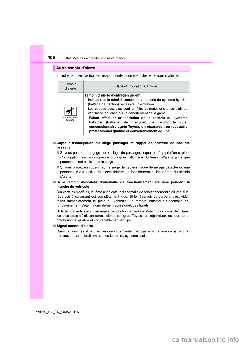 TOYOTA YARIS HYBRID 2016 Manuel du propriétaire (in French) 4068-2. Mesures à prendre en cas d’urgence
YARIS_HV_EK_OM52G11K
Il faut effectuer l’action correspondante pour éteindre le témoin d’alerte.
■Capteur d’occupation du siège passager et rap TOYOTA YARIS HYBRID 2016 Manuel du propriétaire (in French) 4068-2. Mesures à prendre en cas d’urgence
YARIS_HV_EK_OM52G11K
Il faut effectuer l’action correspondante pour éteindre le témoin d’alerte.
■Capteur d’occupation du siège passager et rap