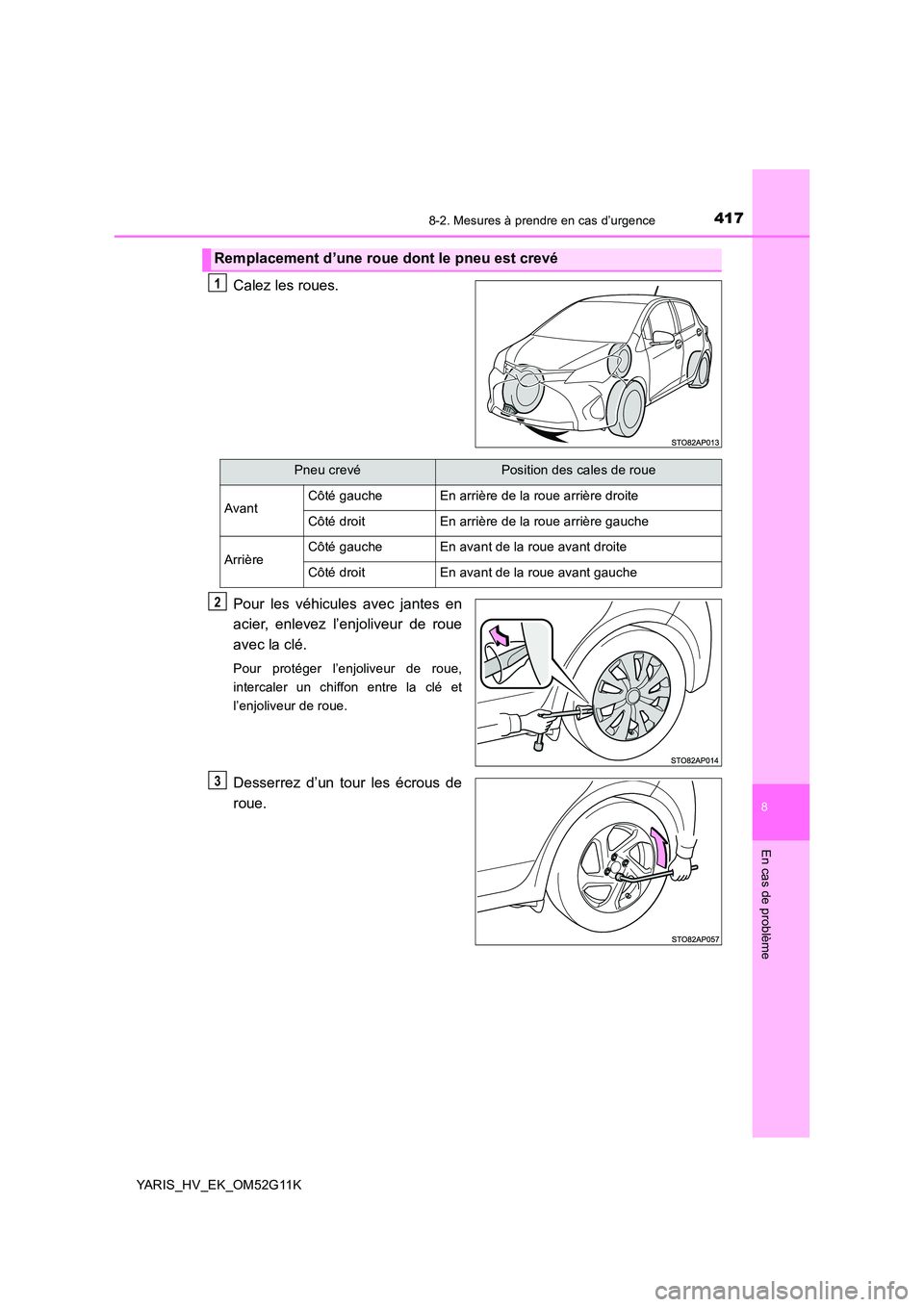 TOYOTA YARIS HYBRID 2016 Manuel du propriétaire (in French) 4178-2. Mesures à prendre en cas d’urgence
8
En cas de problème
YARIS_HV_EK_OM52G11K
Calez les roues.
Pour les véhicules avec jantes en
acier, enlevez l’enjoliveur de roue
avec la clé.
Pour TOYOTA YARIS HYBRID 2016 Manuel du propriétaire (in French) 4178-2. Mesures à prendre en cas d’urgence
8
En cas de problème
YARIS_HV_EK_OM52G11K
Calez les roues.
Pour les véhicules avec jantes en
acier, enlevez l’enjoliveur de roue
avec la clé.
Pour